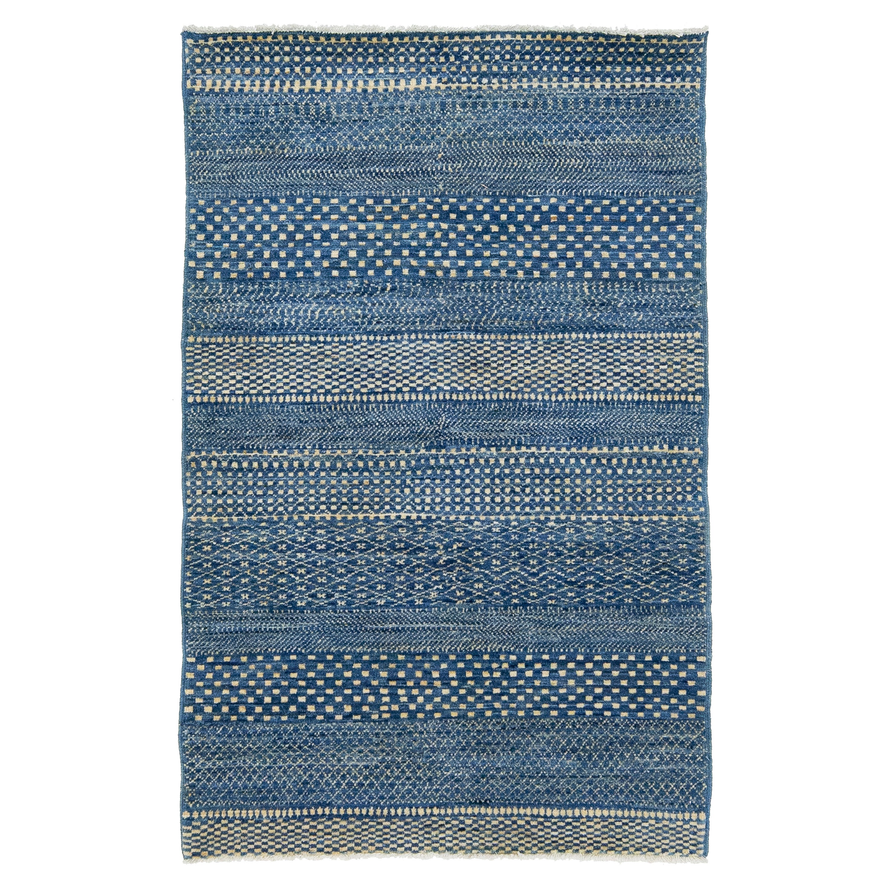 Blue Modern Afghan Wool Rug with Geometric Pattern For Sale