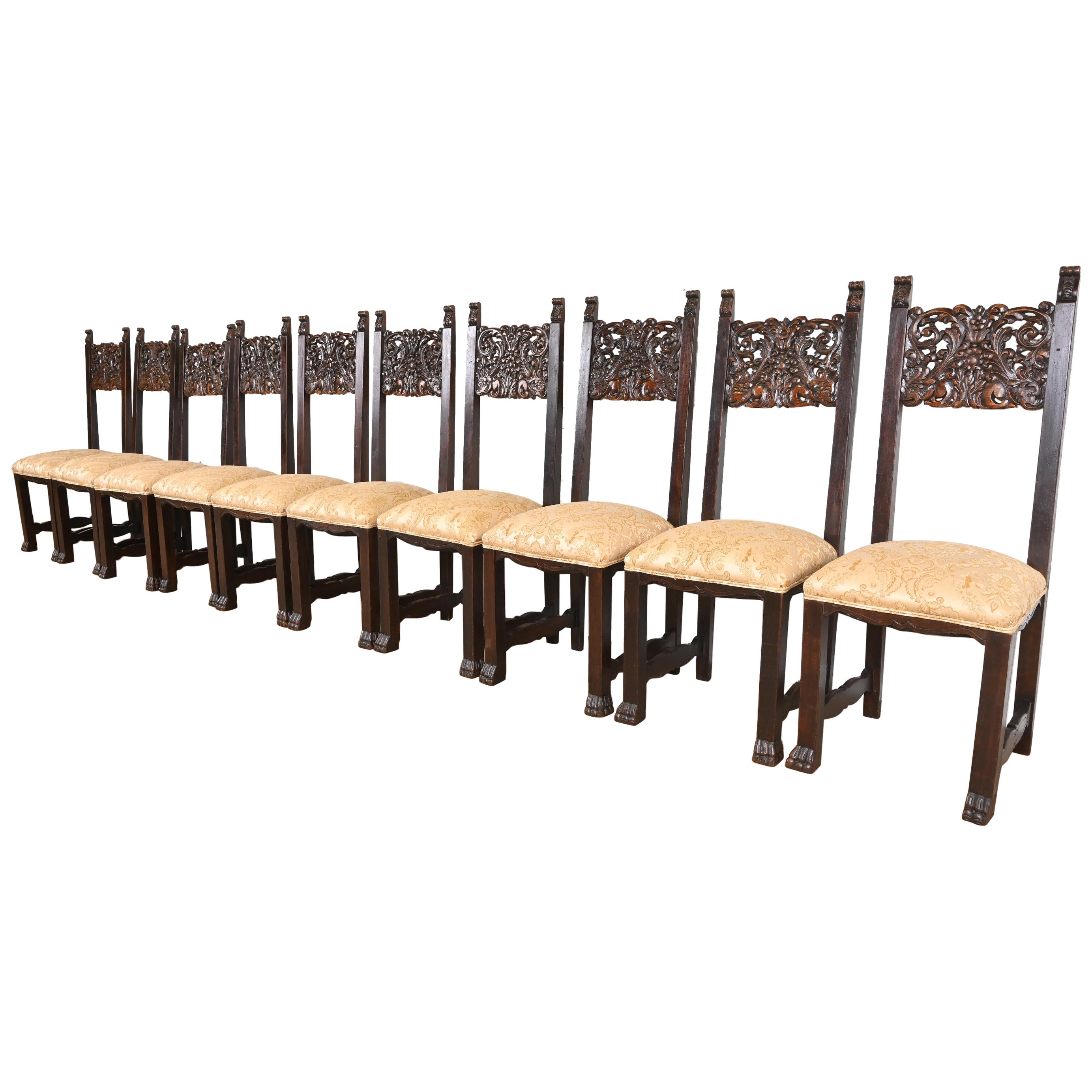 R.J. Horner Victorian Ornate Carved Oak High Back Dining Chairs, Set of Ten For Sale