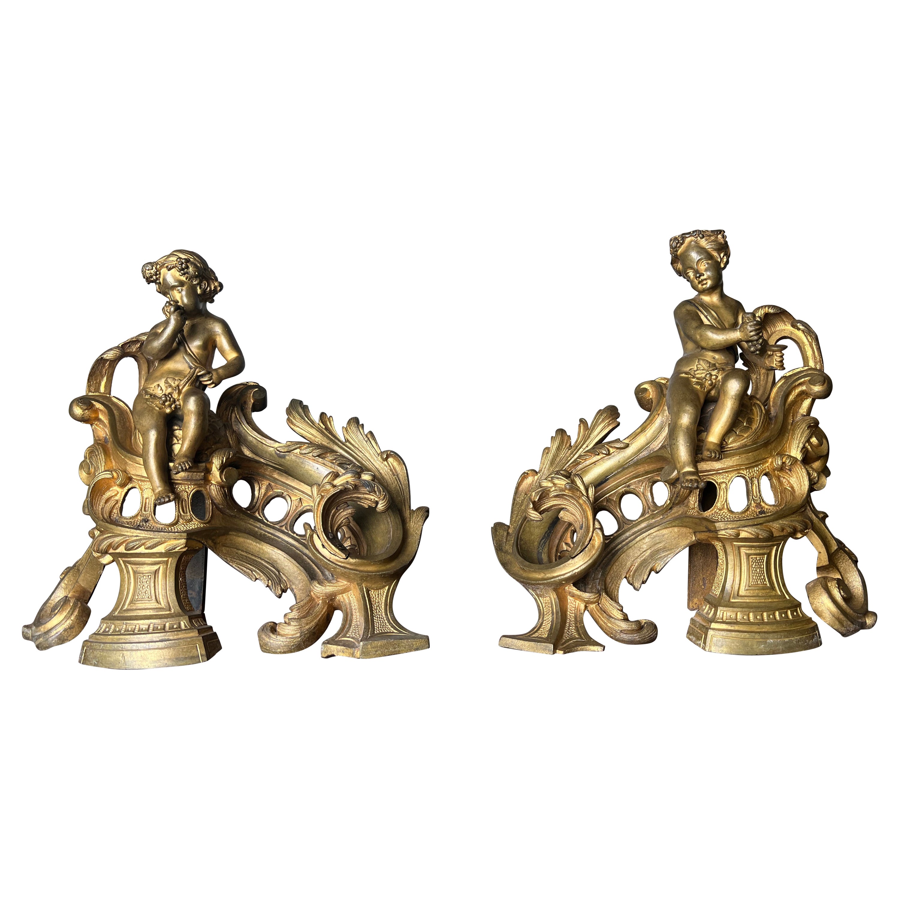 Pair of 19th Century French Andirons in Bronze With Putti Bacchanalia 