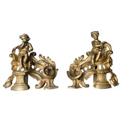 Paire de chenets français du 19ème siècle en bronze avec Putti Bacchanalia