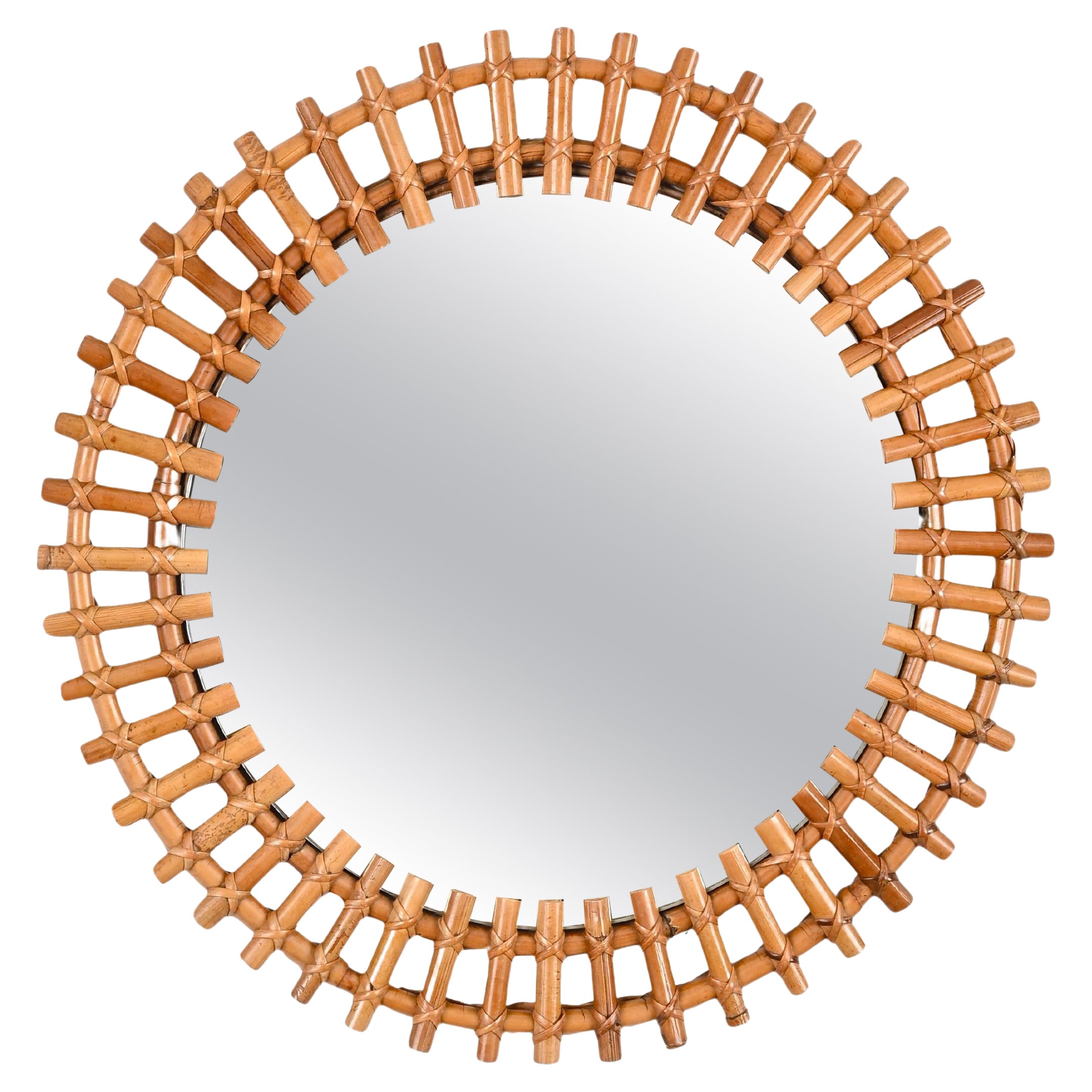 Mid-Century Rattan, Bamboo and Wicker Italian Round Mirror, Franco Albini, 1970s