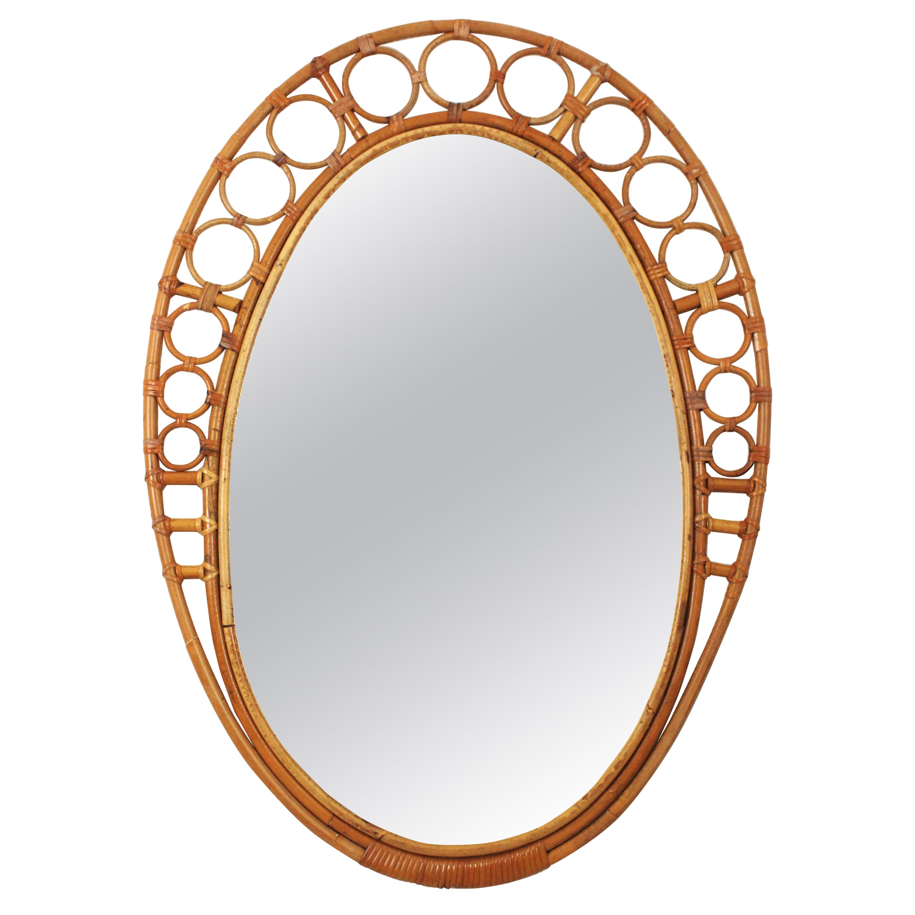 Bamboo Rattan Oval Mirror with Rings Frame, 1960s For Sale