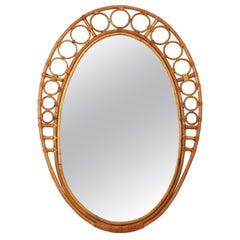 Bamboo Rattan Oval Mirror with Rings Frame, 1960s