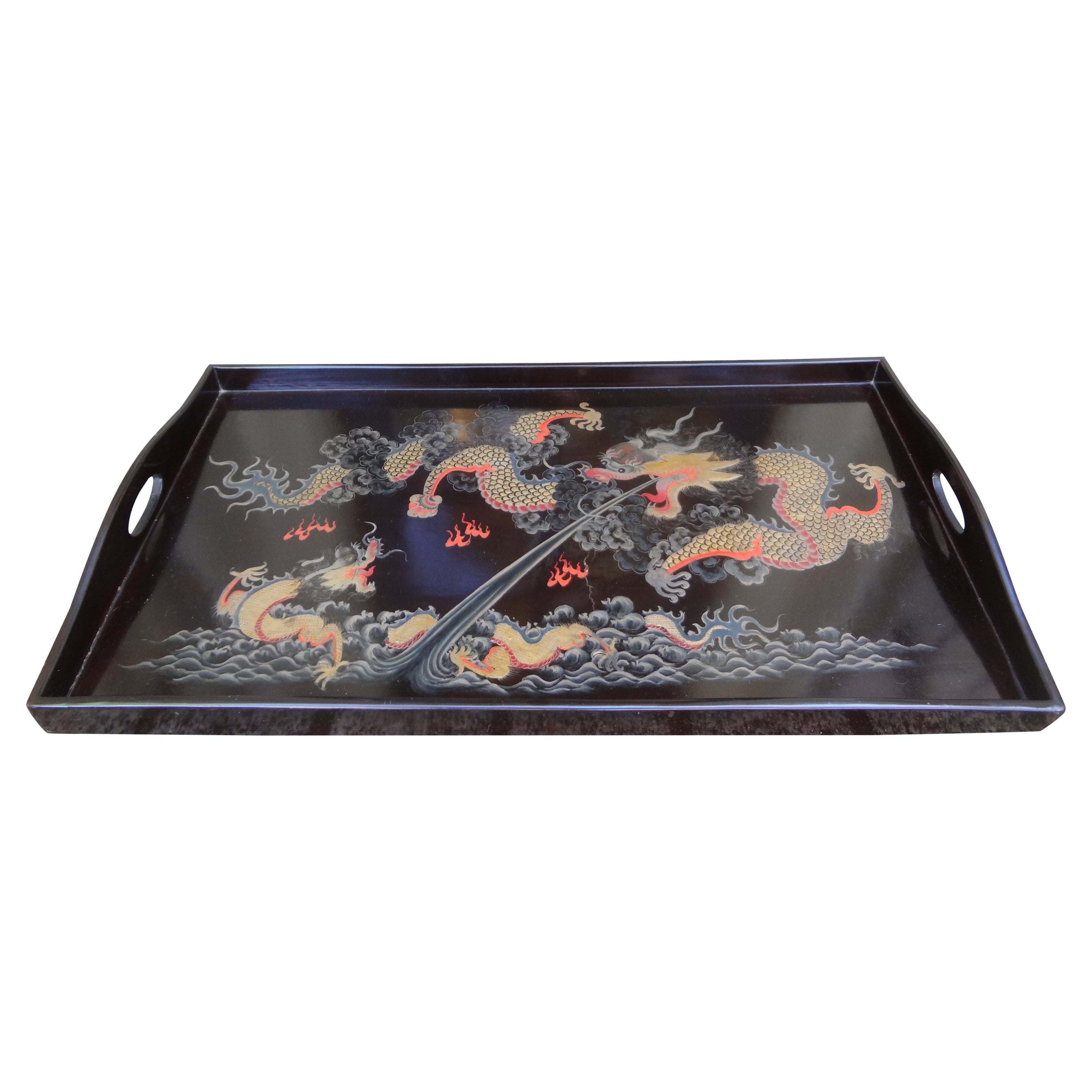Antique Chinese Lacquer Tray With Dragons For Sale
