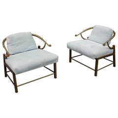 Vintage Pair of Warren Lloyd for Mastercraft Brass & White Fabric Empress Lounge Chairs