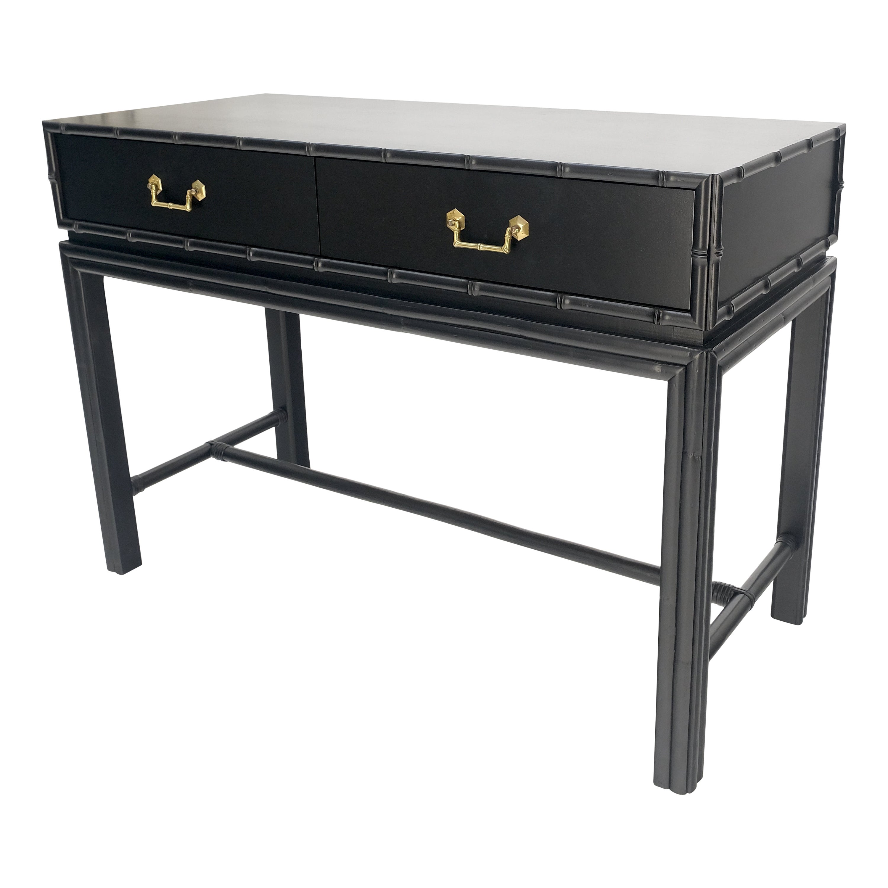 Ficks Reed Black Lacquer Faux Bamboo Solid Brass Pulls Two Drawer Console Desk For Sale