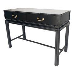 Vintage Ficks Reed Black Lacquer Faux Bamboo Solid Brass Pulls Two Drawer Console Desk