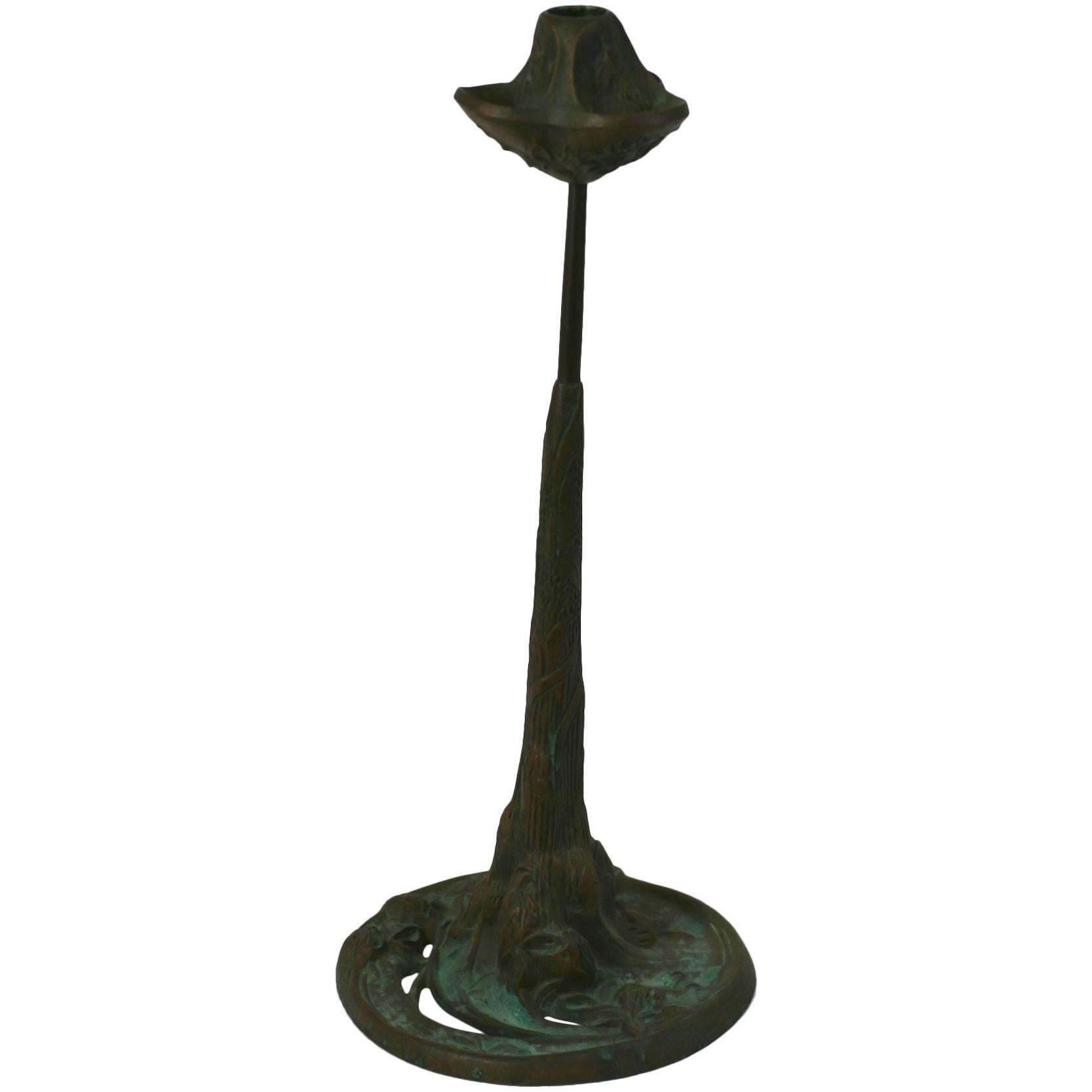 Bronze Arts and Crafts Clover Candlestick, Jessie Preston For Sale