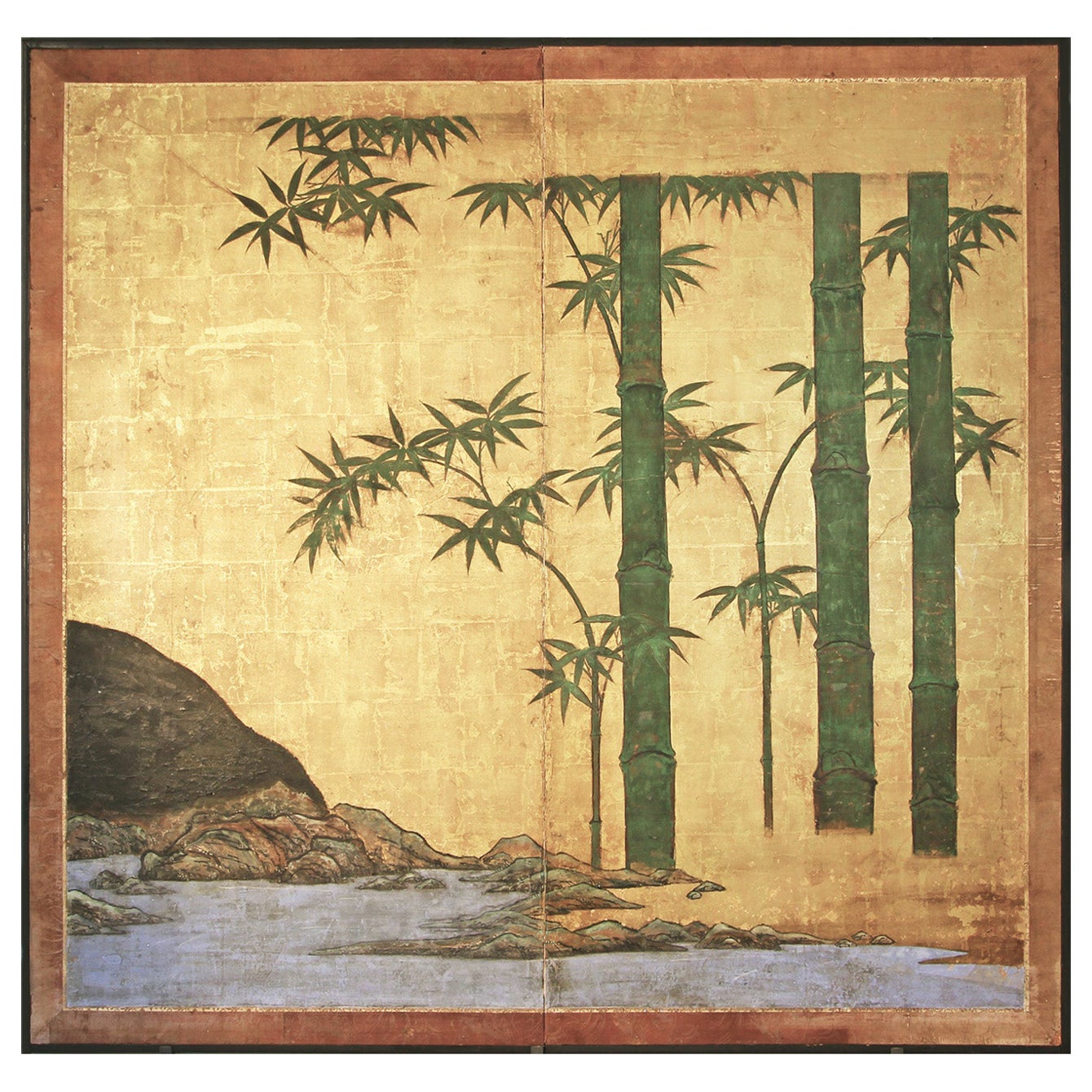 Paravento Due Pannelli Bambù su Foglia d'Oro For Sale