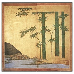 Antique Paravento Due Pannelli Bambù su Foglia d'Oro