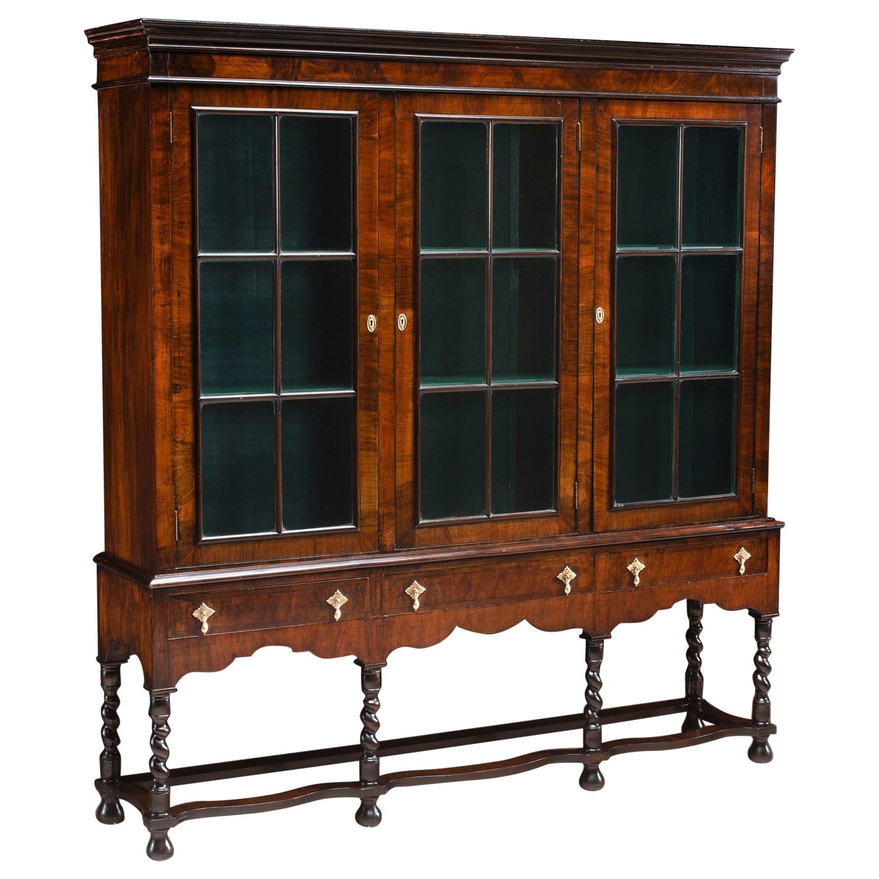 Cabinet Glazed Bookcase Display Stand Walnut Baroque Antiquarian Barley For Sale