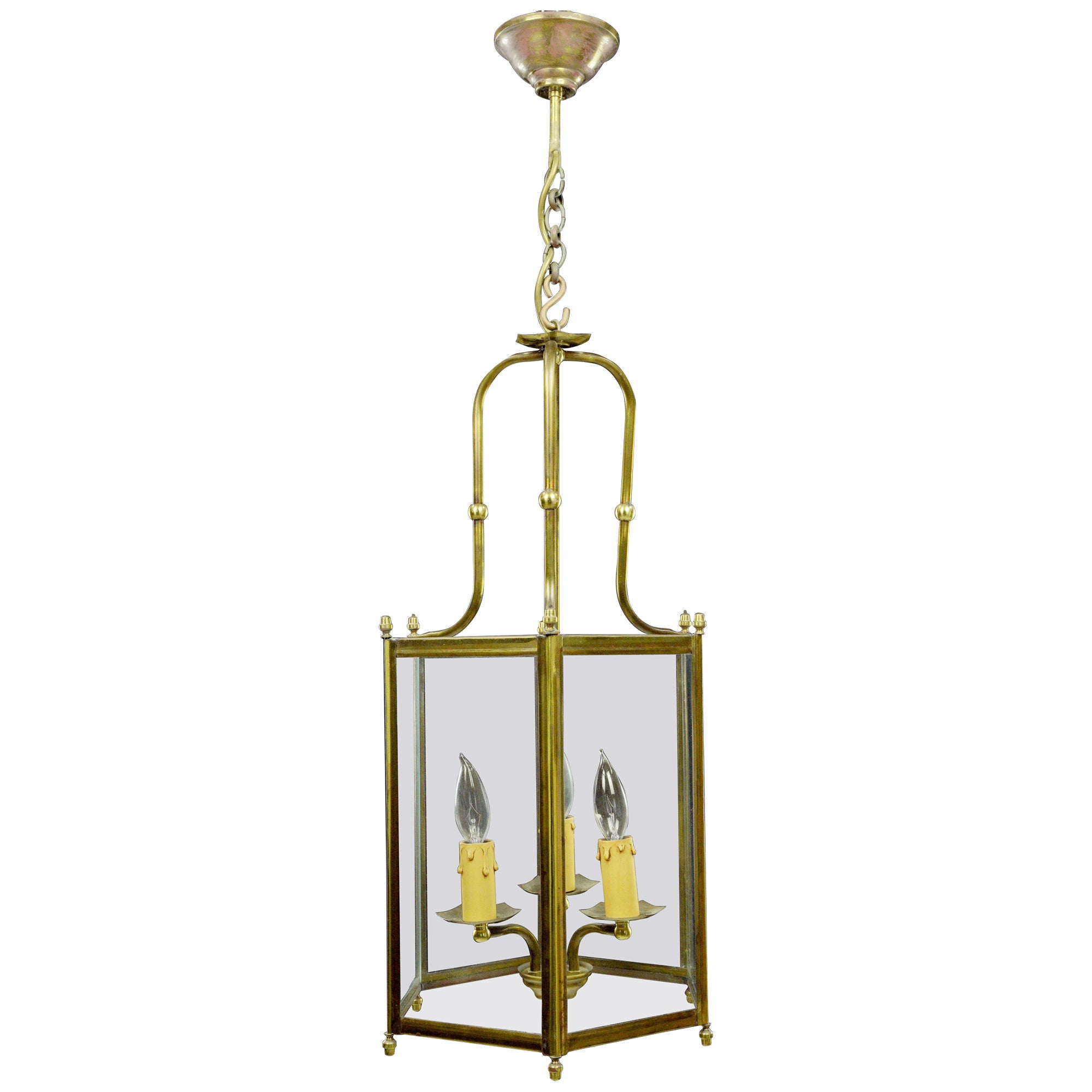3 Light Brass & Glass Hexagonal Lantern Pendant Light For Sale