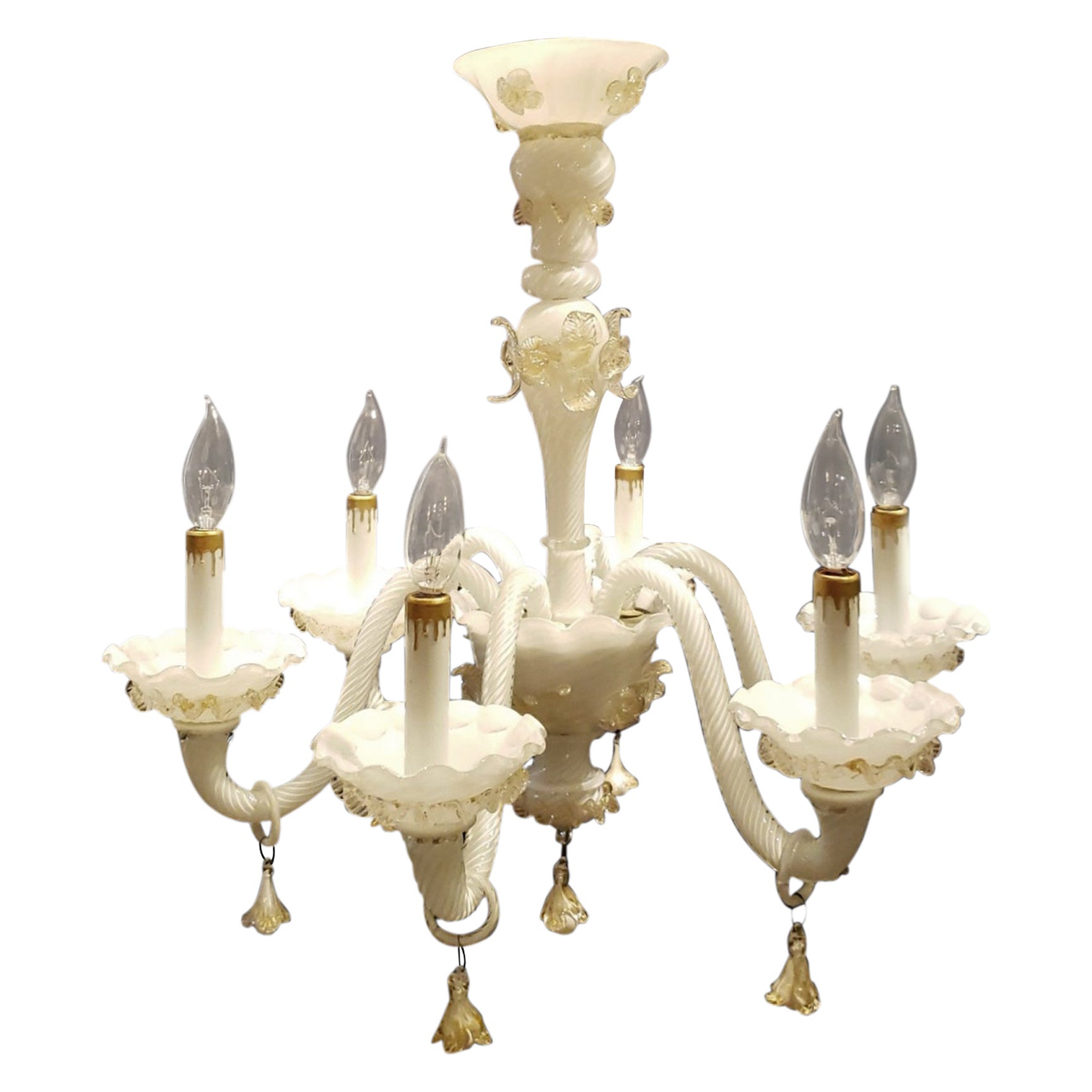 White Murano Glass Gold w 6 S Shaped Arm Chandelier For Sale