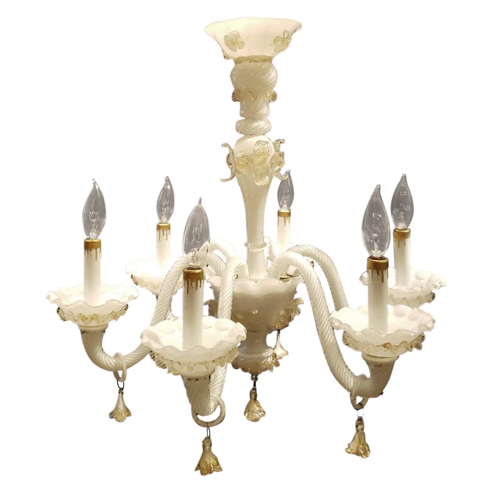 Lampadario S.S. White in vetro di Murano con 6 bracci a forma di S.
