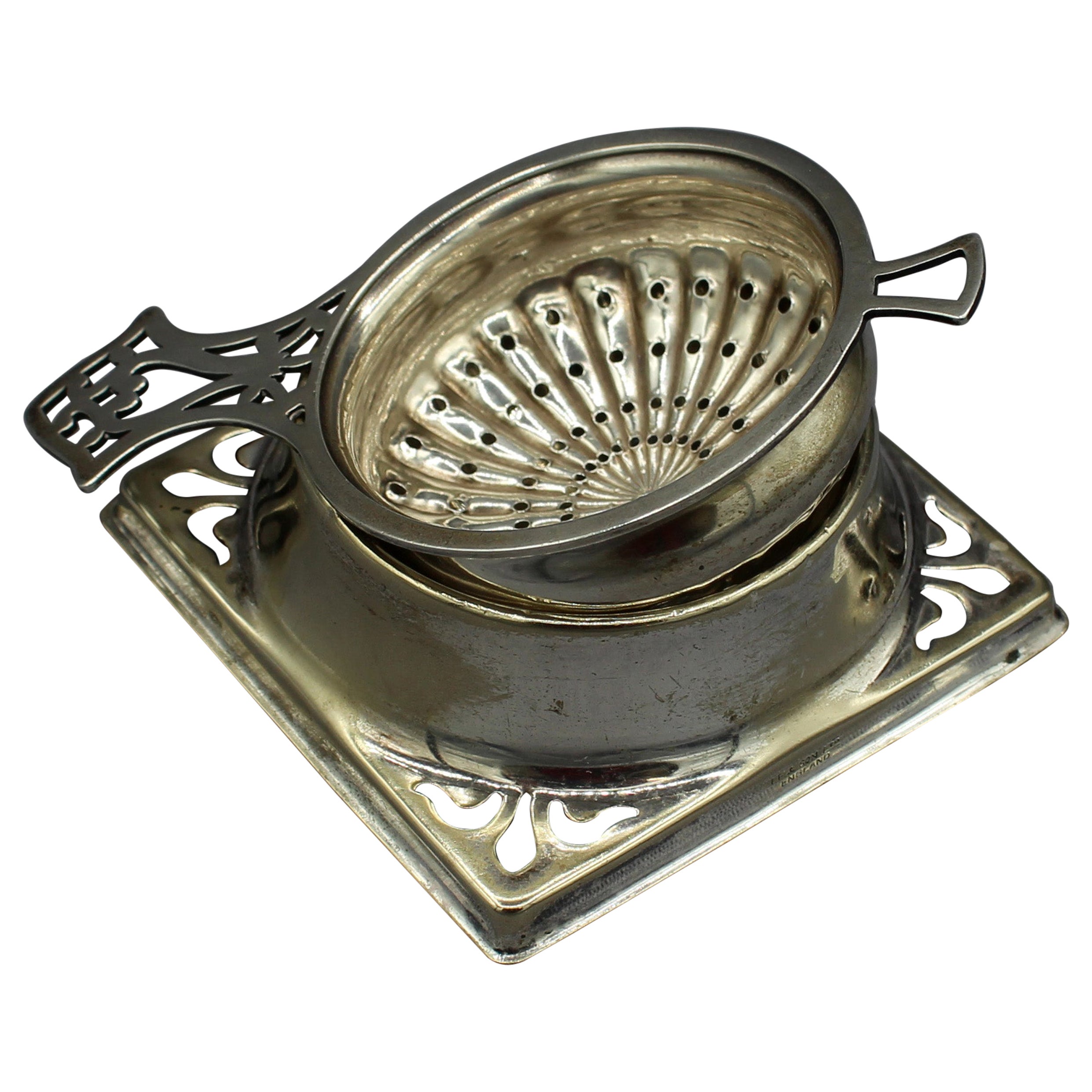 c. 1890-1920 Sterling Tea Strainer with Silver Plated Stand For Sale