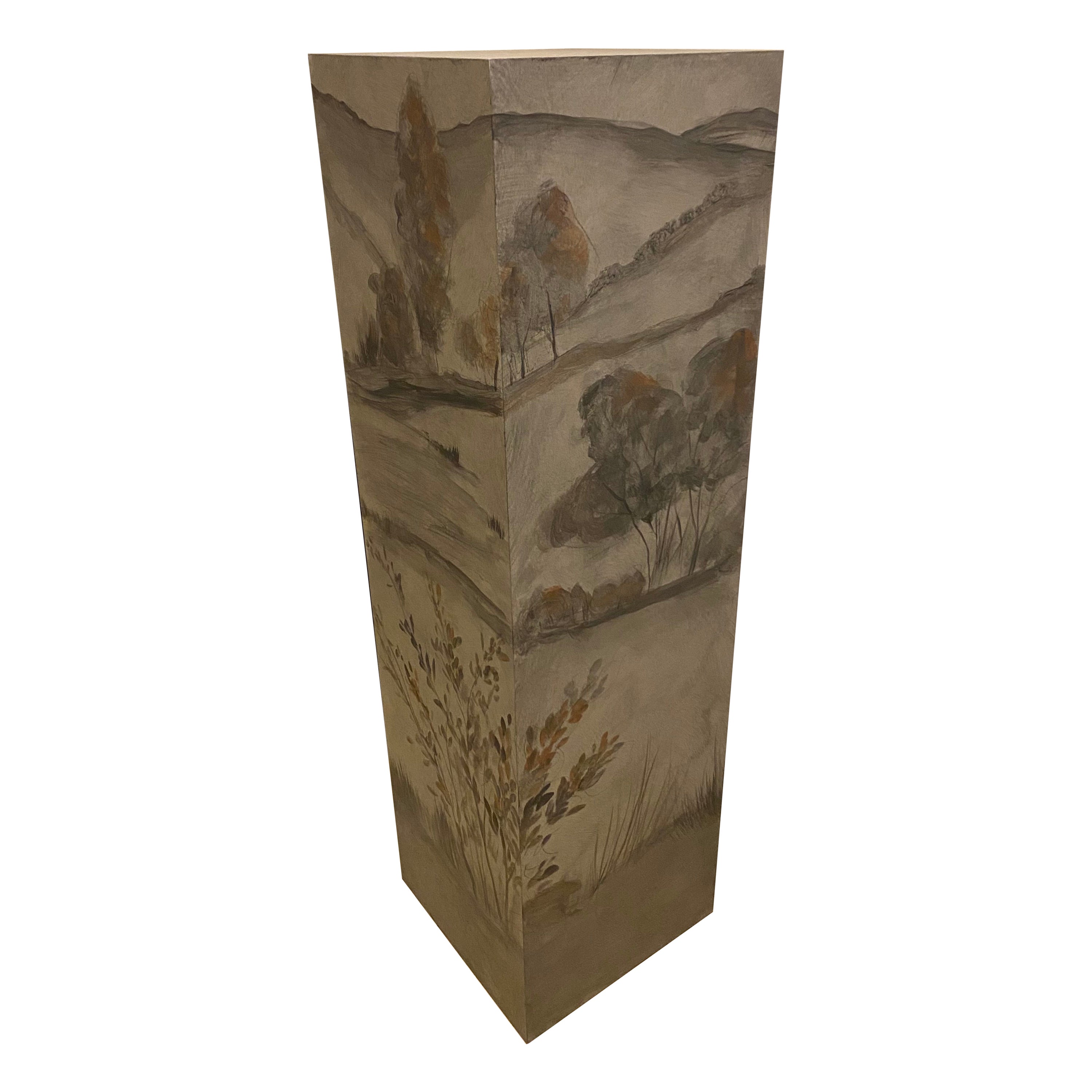 One-of-a-kind hand-painted pedestal. Adorned with a scenic landscape hand-painted by James Mobley in Los Angeles, CA.