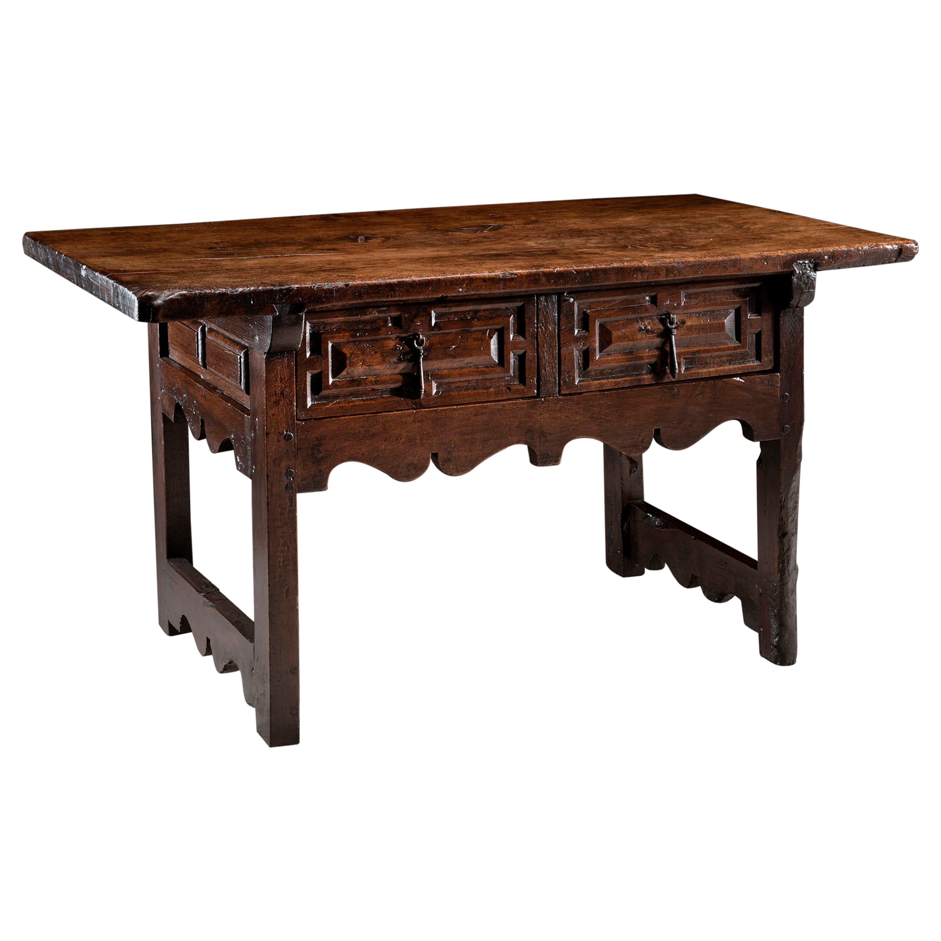Table Rent Center Writing Desk Spanish Top 1 plank Chestnut Iron Handles L56" For Sale