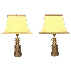 Pair of Vintage French Parcel Gilt and Repousse Brass Oil Lamps, Circa 1830-1840