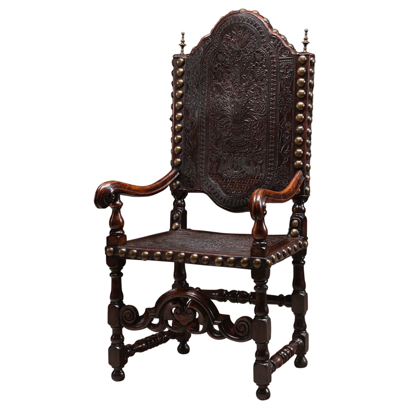 Armchair Walnut Embossed Leather Dutch Colonial For Sale