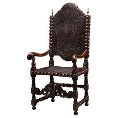Antique Armchair Walnut Embossed Leather Dutch Colonial