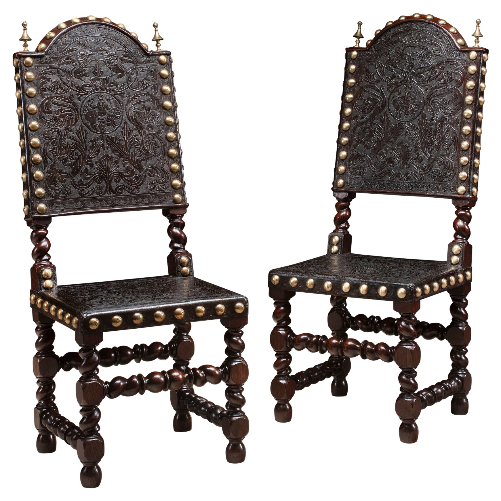 Sidechair Pair Leather Embossed Oak Brass  For Sale