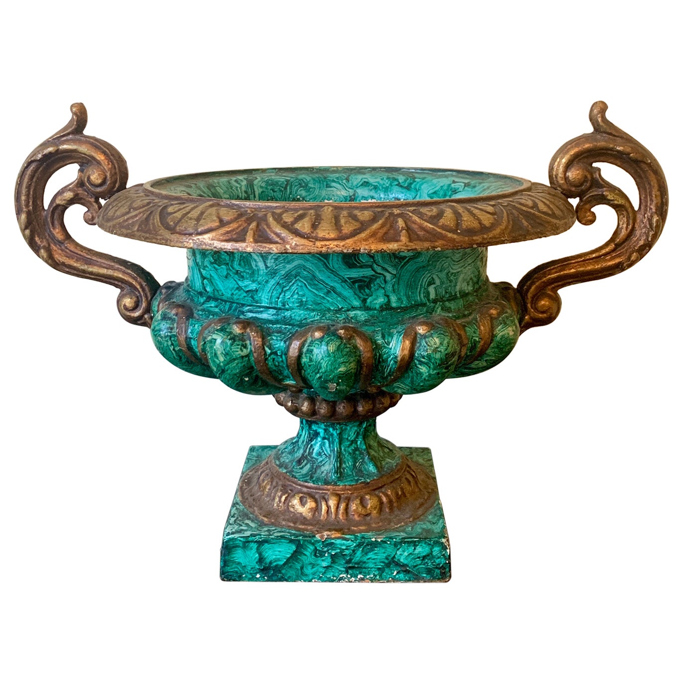 Early 20th Century Grand Tour Classical Faux Malachite Cast Iron Urn For Sale