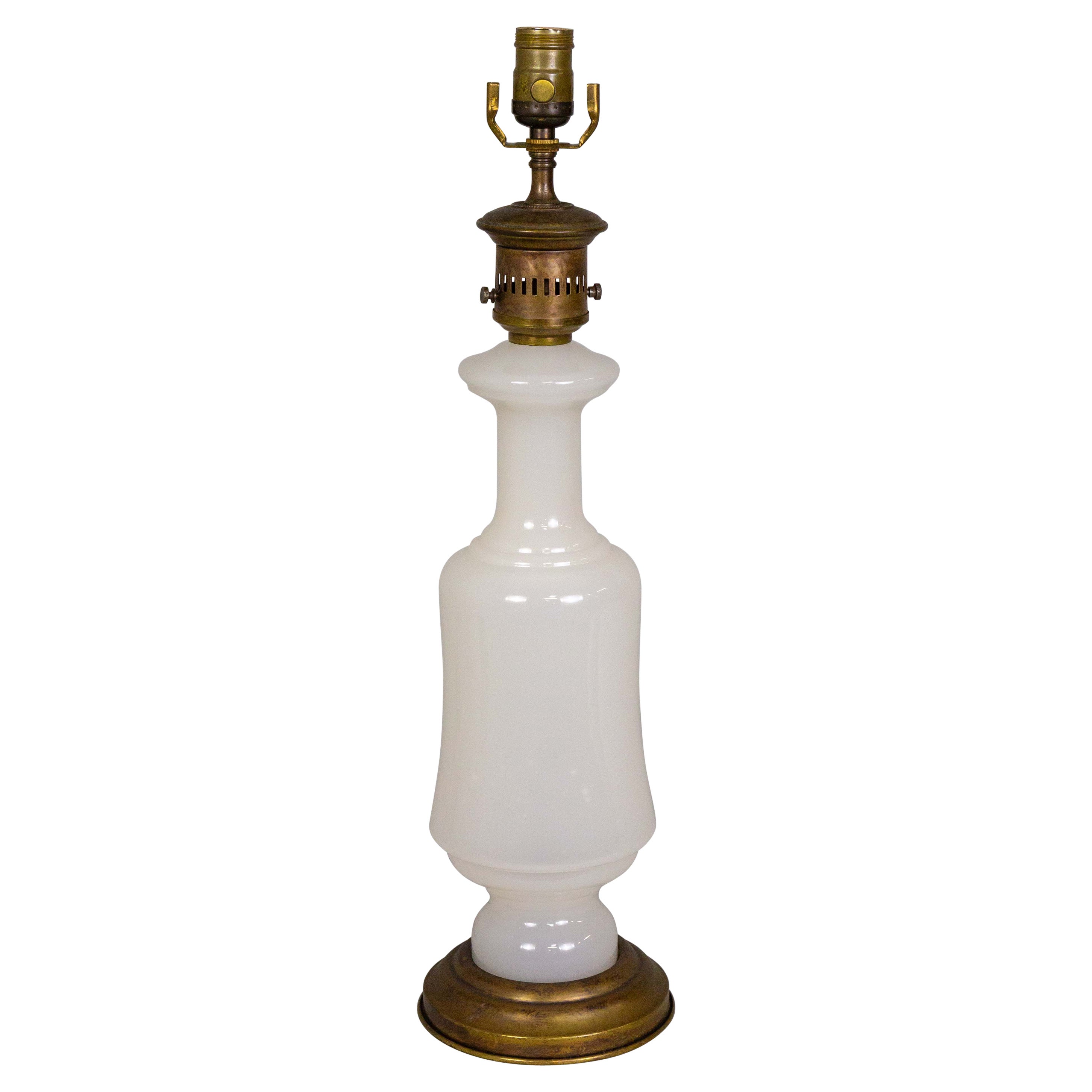 Opaline Glass & Brass Kerosine Style Table Lamp by Fredrick Cooper For Sale