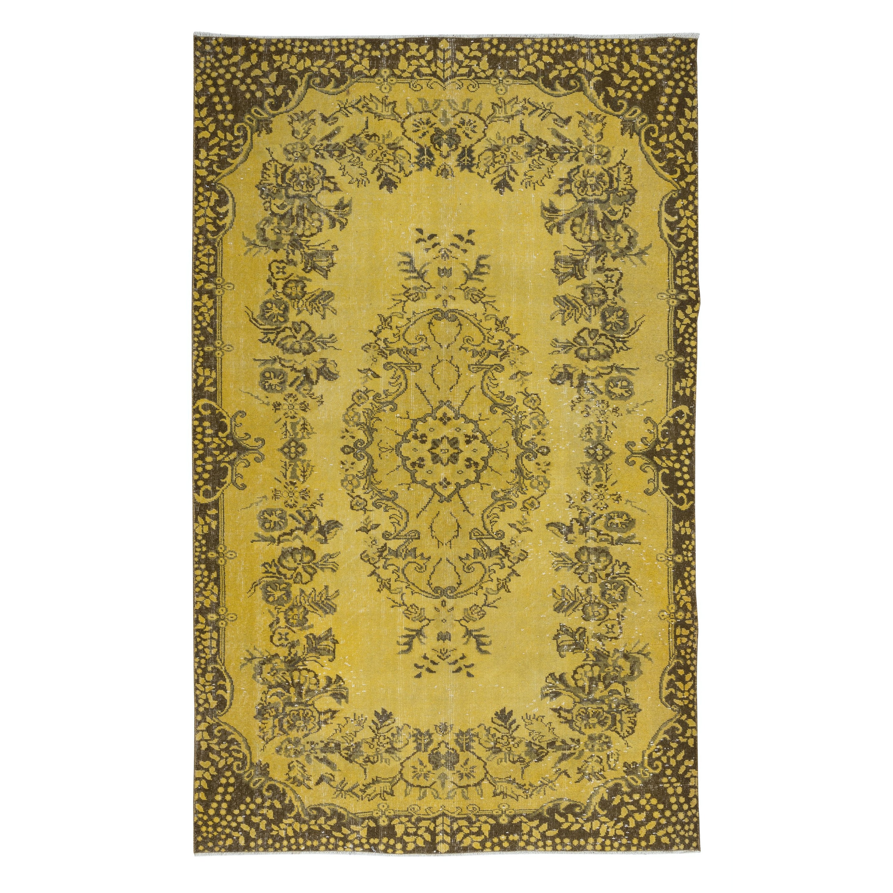 5.8x9,3 Ft Moderner handgefertigter türkischer Teppich mit Medaillon-Design und gelbem Hintergrund