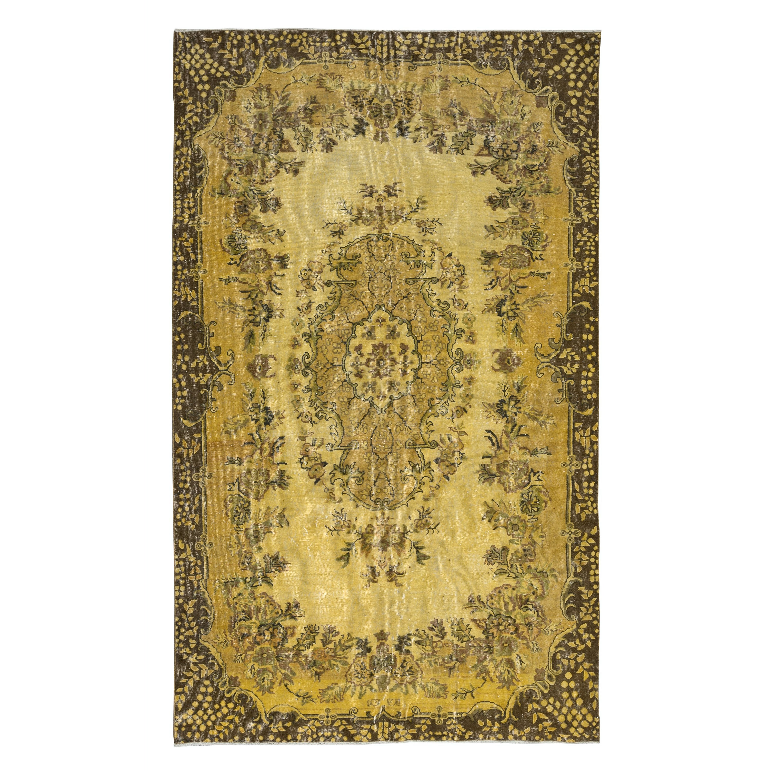 6.6x10.6 Ft Handgefertigter türkischer Teppich mit Medaillon-Design und gelbem Hintergrund