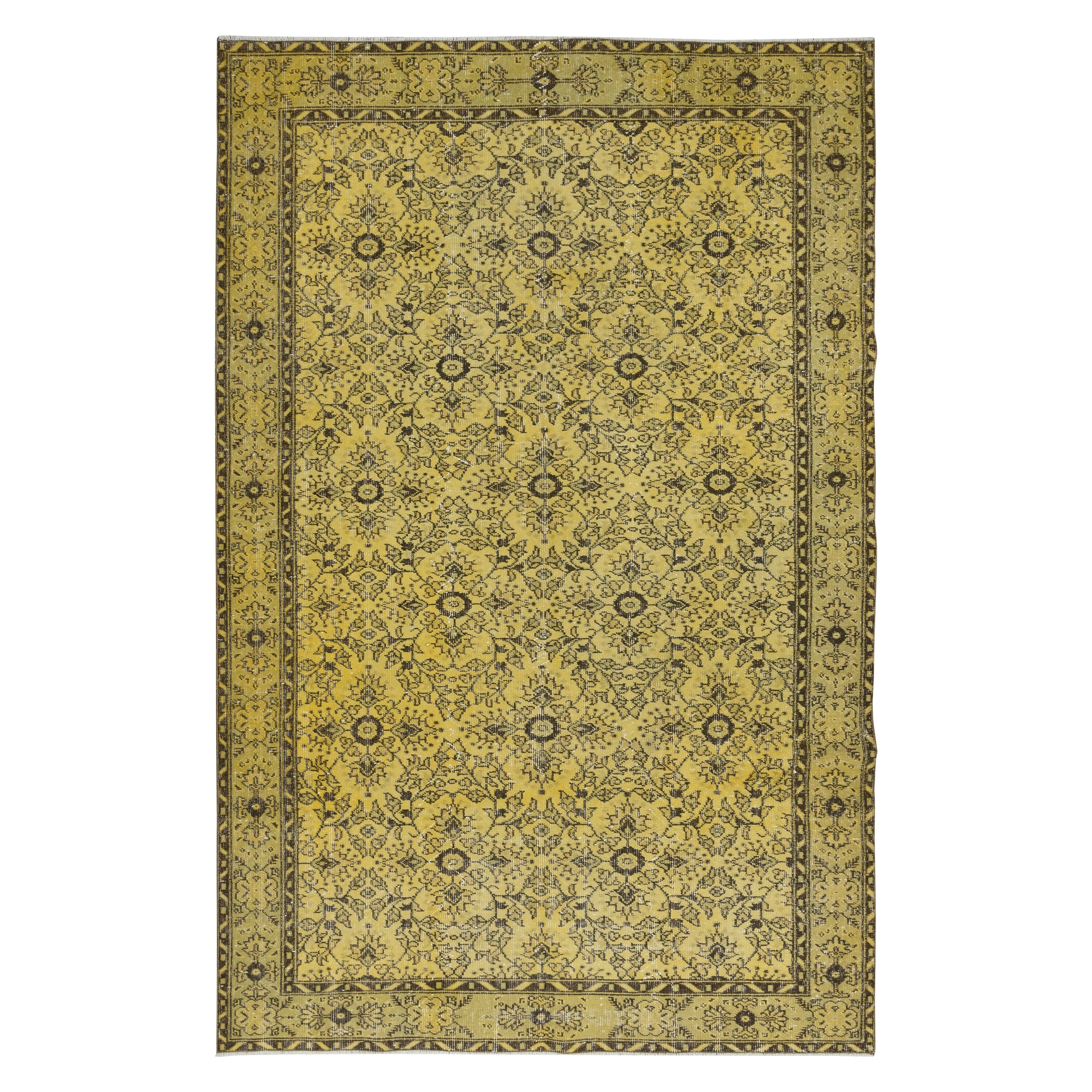 6.6x9.7 Ft Upcycelter gelber moderner türkischer Teppich, floraler handgefertigter Teppich im Angebot