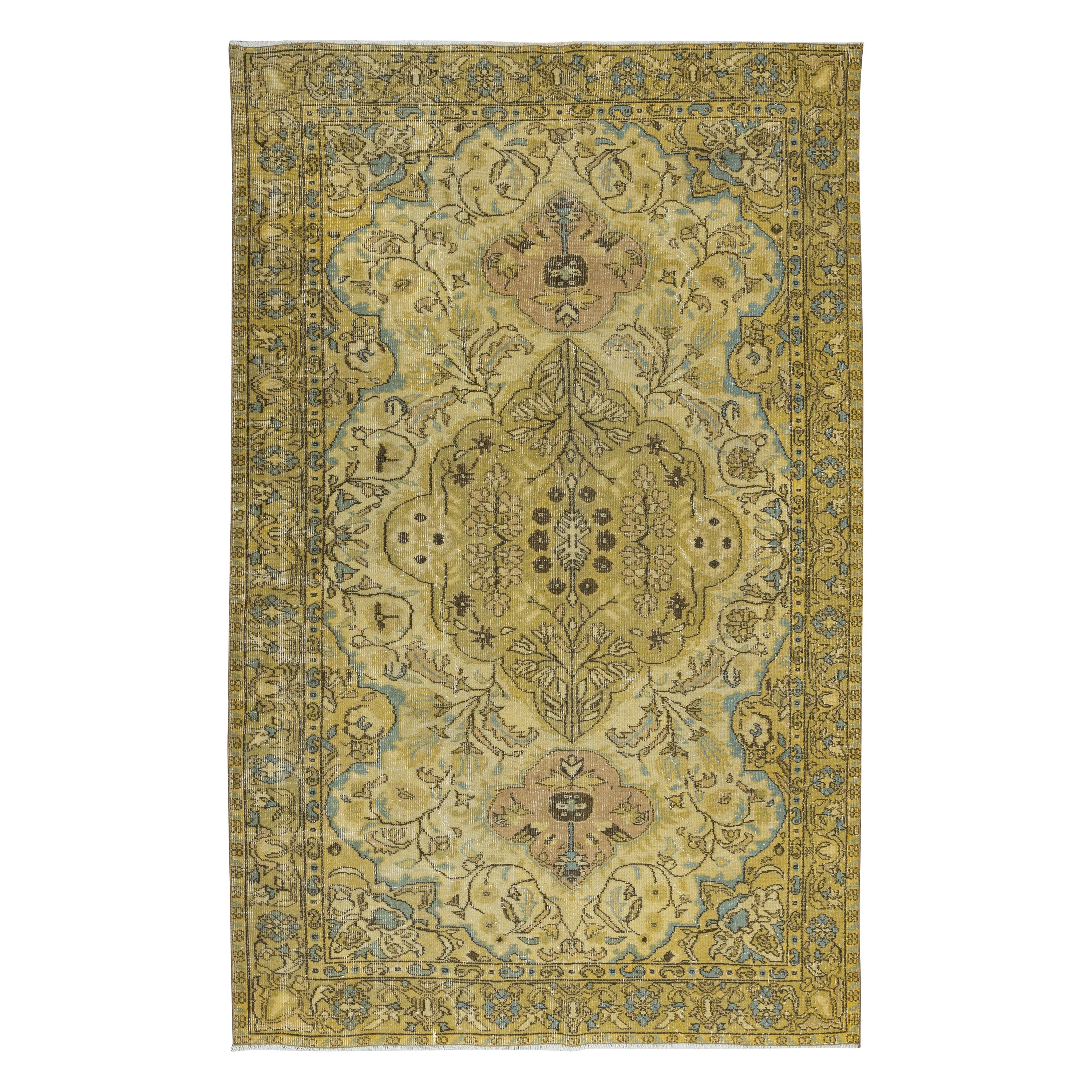 5.6x8.8 Ft Exquisiter gelber türkischer Teppich, moderner, geblümter, handgefertigter Teppich im Angebot