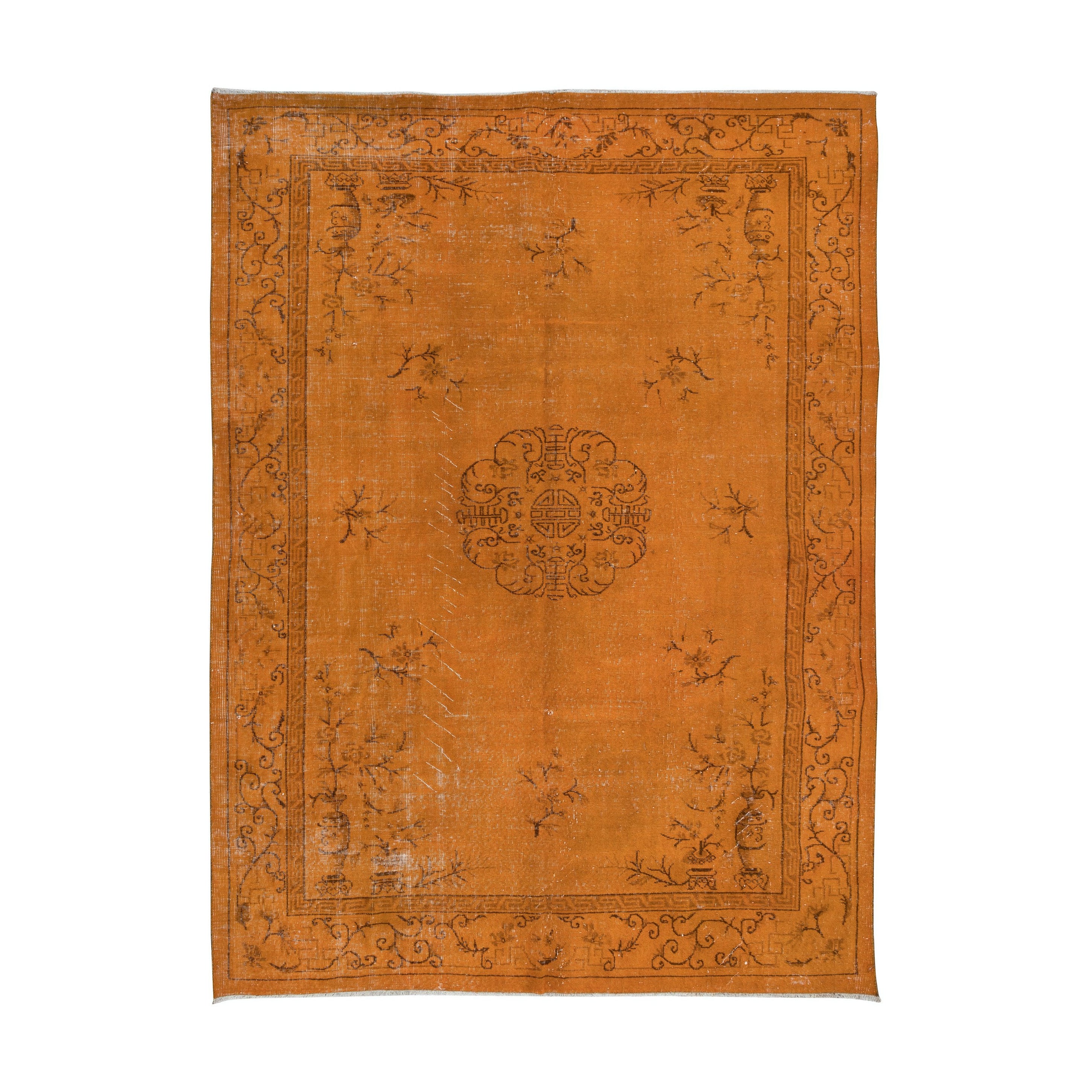 6.7x9 Ft Floral Art Deco Rug, Orange Handmade Modern Wool and Cotton Carpet
