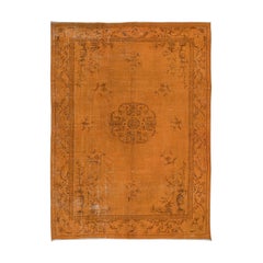 Vintage 6.7x9 Ft Floral Art Deco Rug, Orange Handmade Modern Wool and Cotton Carpet