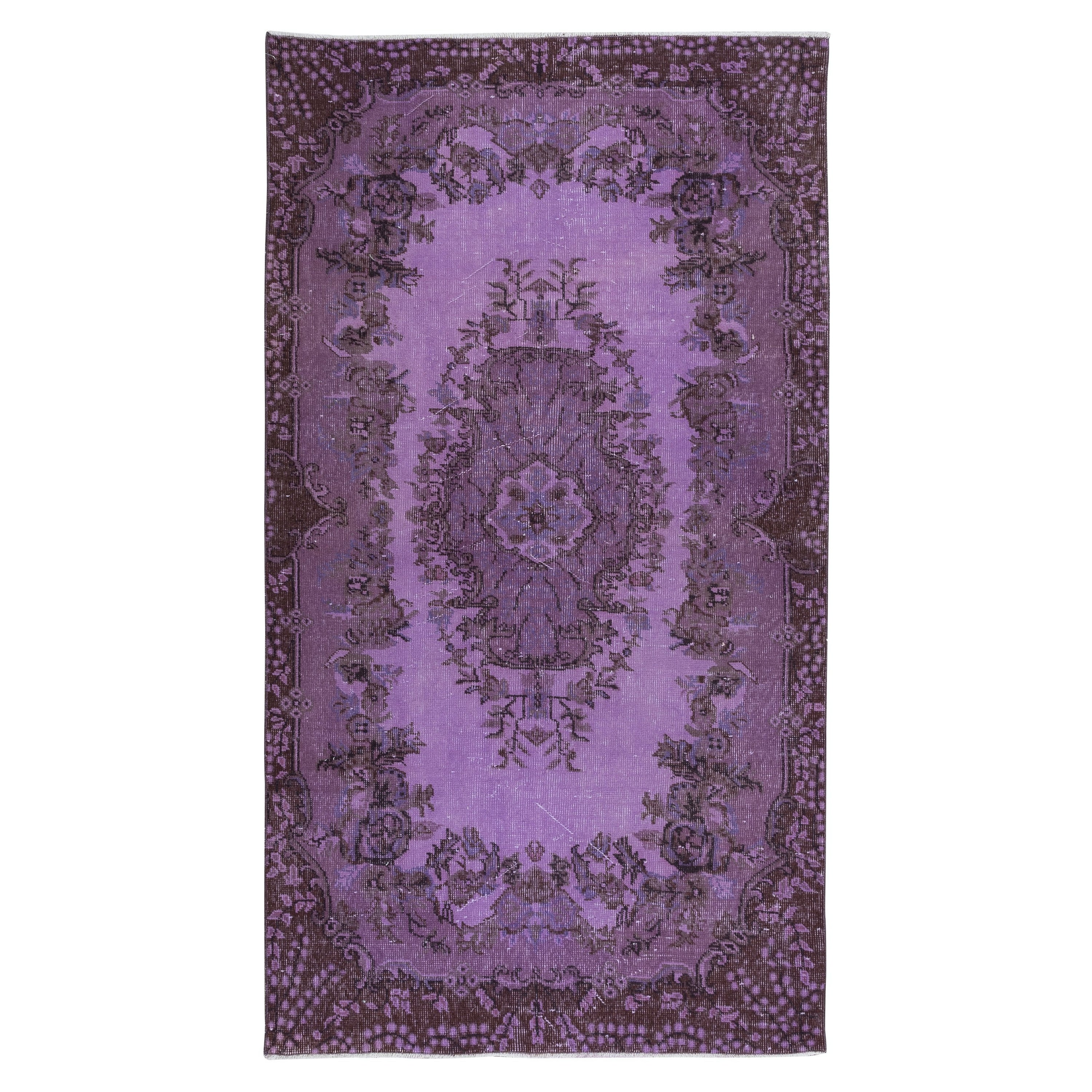 4x7 Ft Ethnic Handmade Turkish Rug Over-Dyed in Purple, Vintage Carpet For Sale