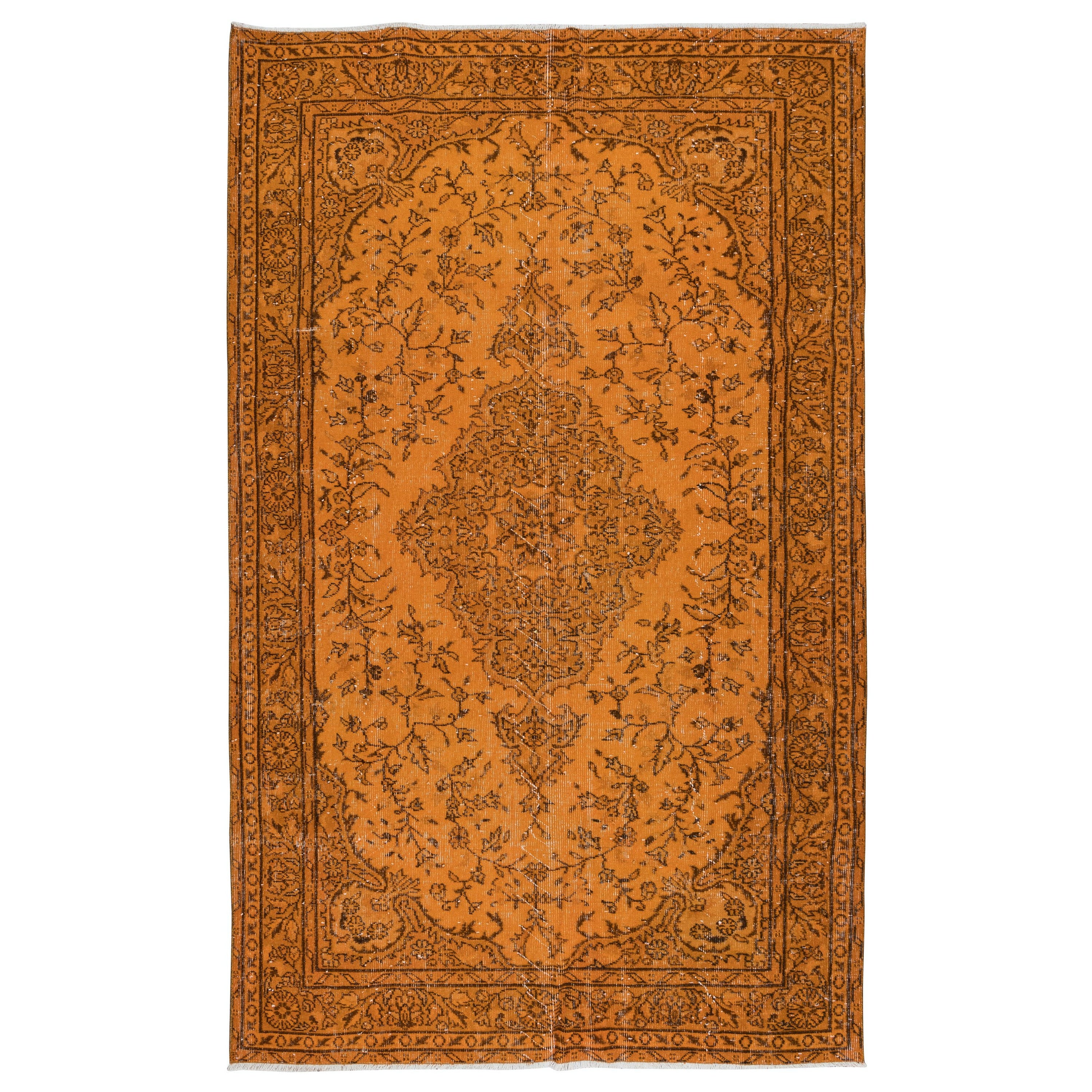 5.7x9 Ft Dekorativer türkischer orangefarbener Teppich, moderner handgefertigter Wollteppich im Angebot
