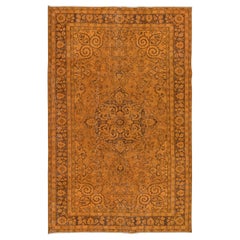 Vintage 5.7x9 Ft Hand-Made Central Anatolian Area Rug in Orange, Modern Wool Carpet