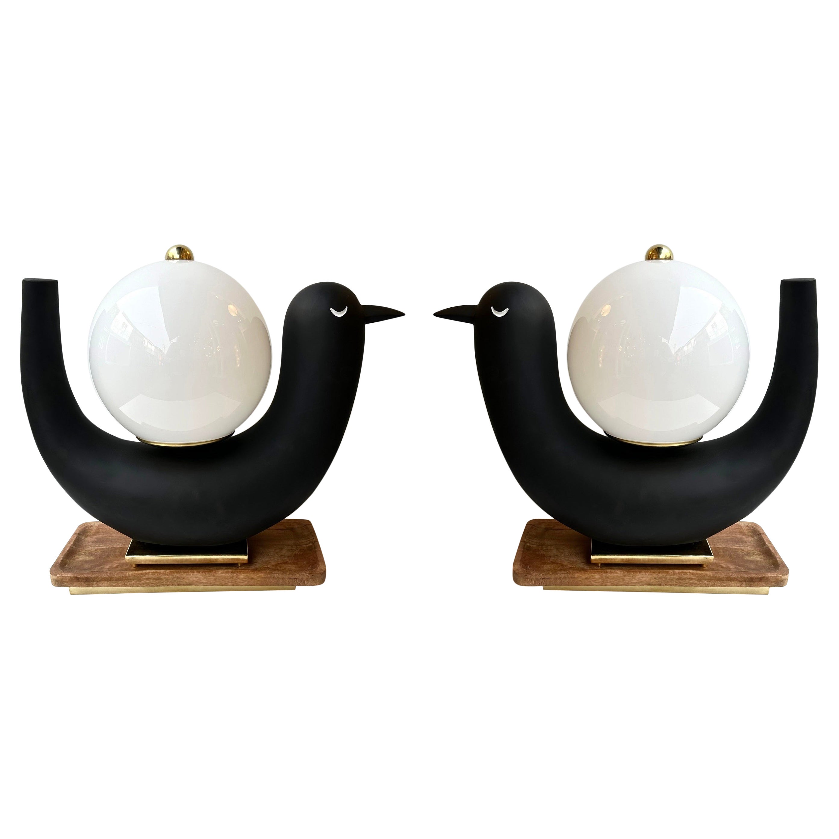 Contemporary Pair of Bird Lamps Opaline Murano Glass Brass and Wood, Italy
