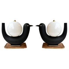 Retro Contemporary Pair of Bird Lamps Opaline Murano Glass Brass and Wood, Italy