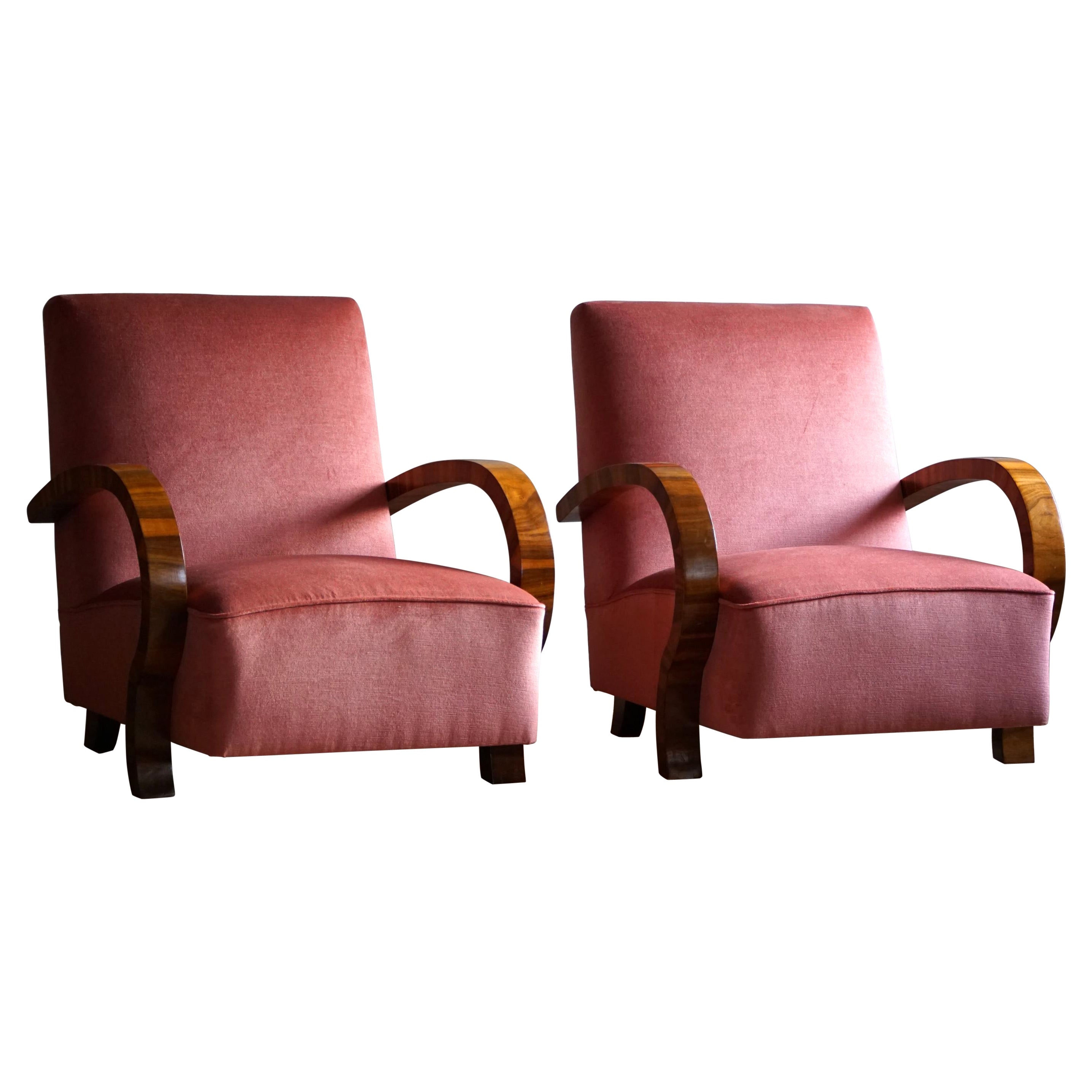 Pair of Danish Art Deco Lounge Chairs, Reupholstered, Velvet & Walnut, 1930s