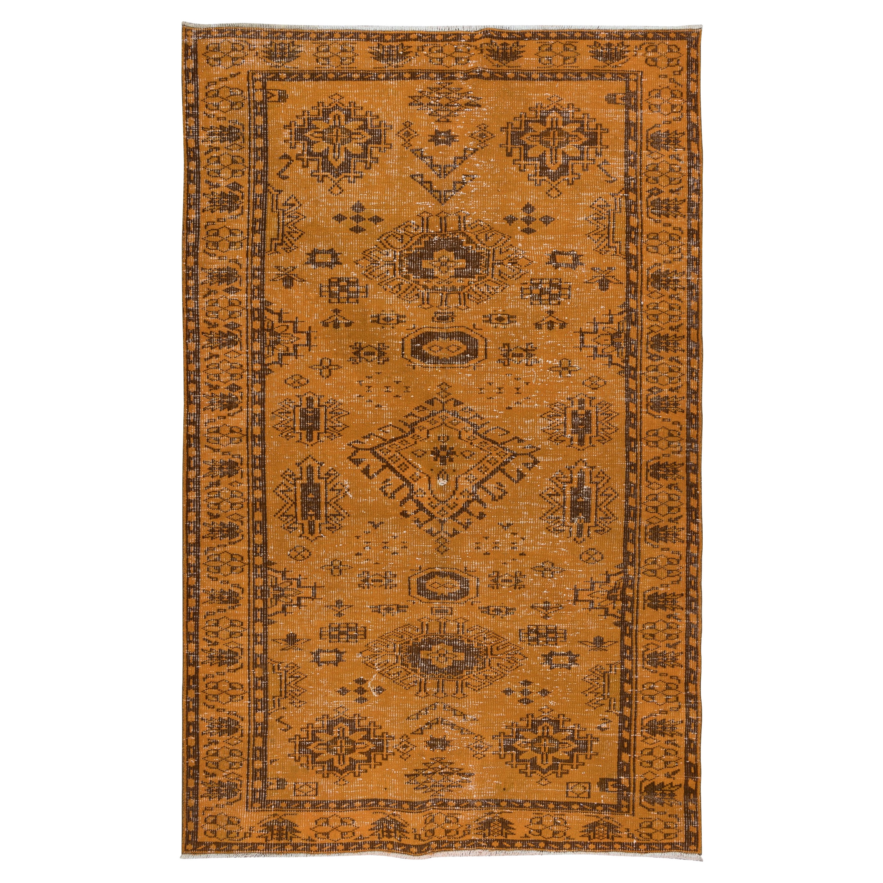 5.5x8.5 Ft Orange Handmade Turkish Area Rug with Medallions and Flower Motifs For Sale