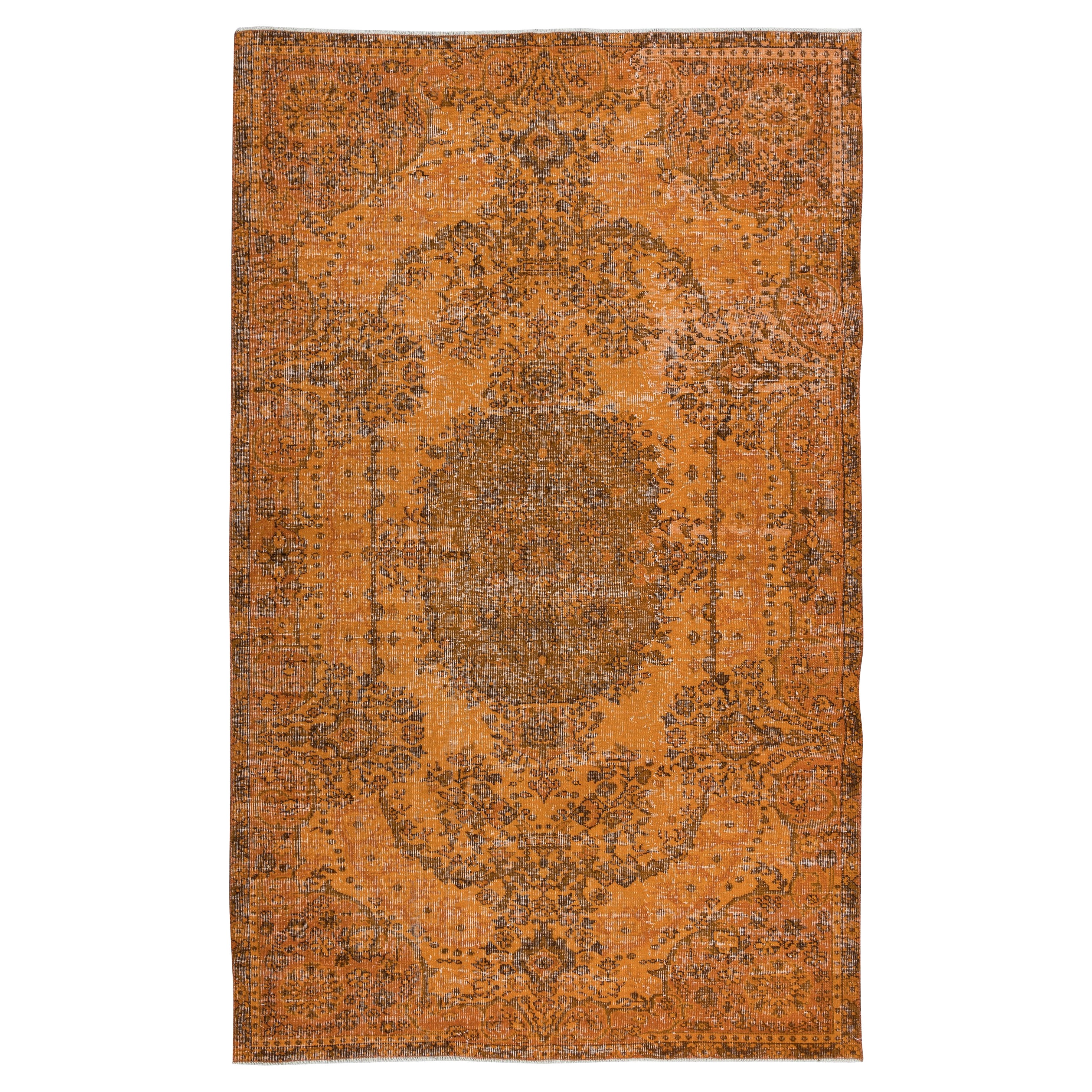 5.3x8.4 Ft Handmade Turkish Wool Area Rug ReDyed in Orange with Medallion Design For Sale