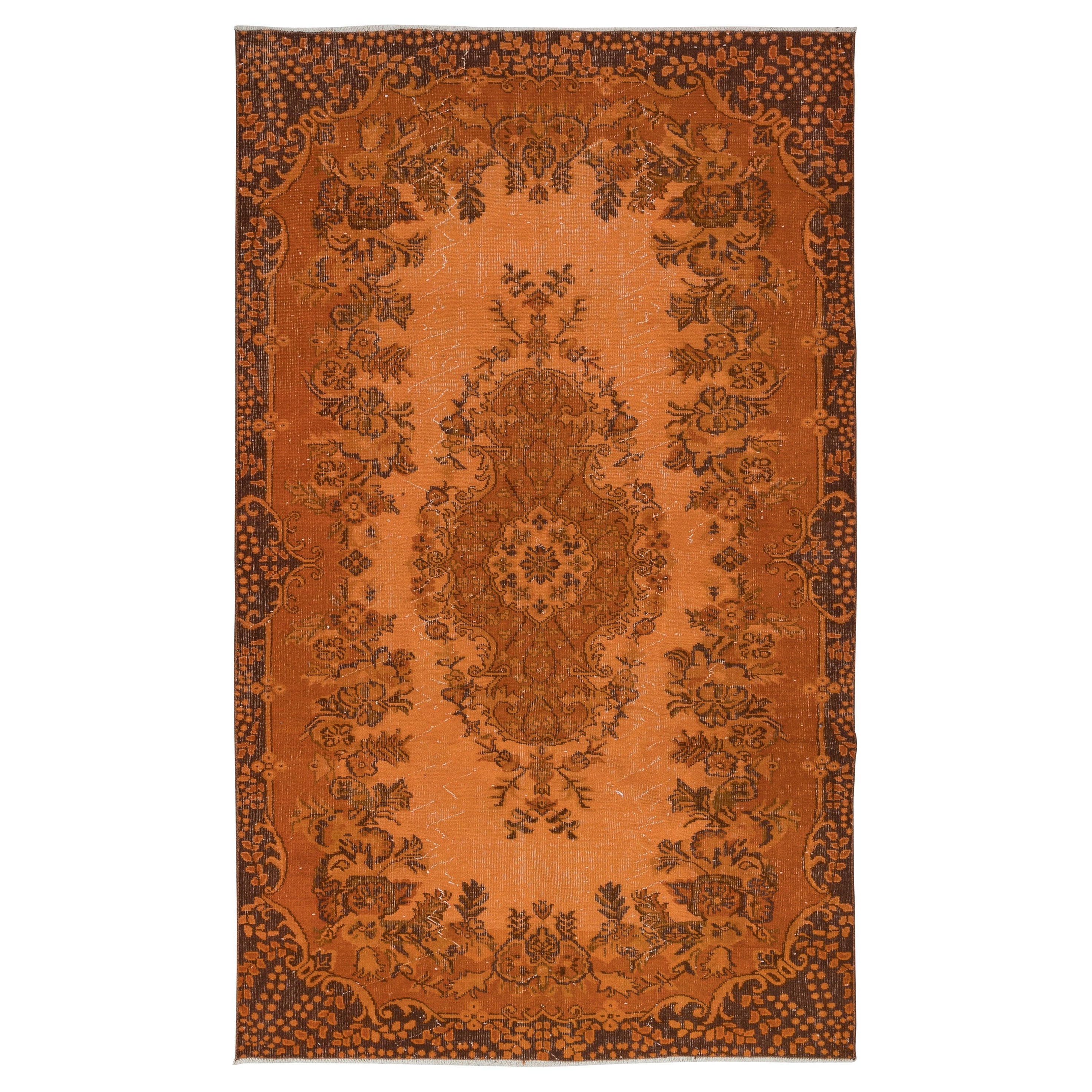 5.6x9.2 Ft Handgefertigter türkischer orangefarbener Teppich, moderner Teppich im Medaillon-Design im Angebot