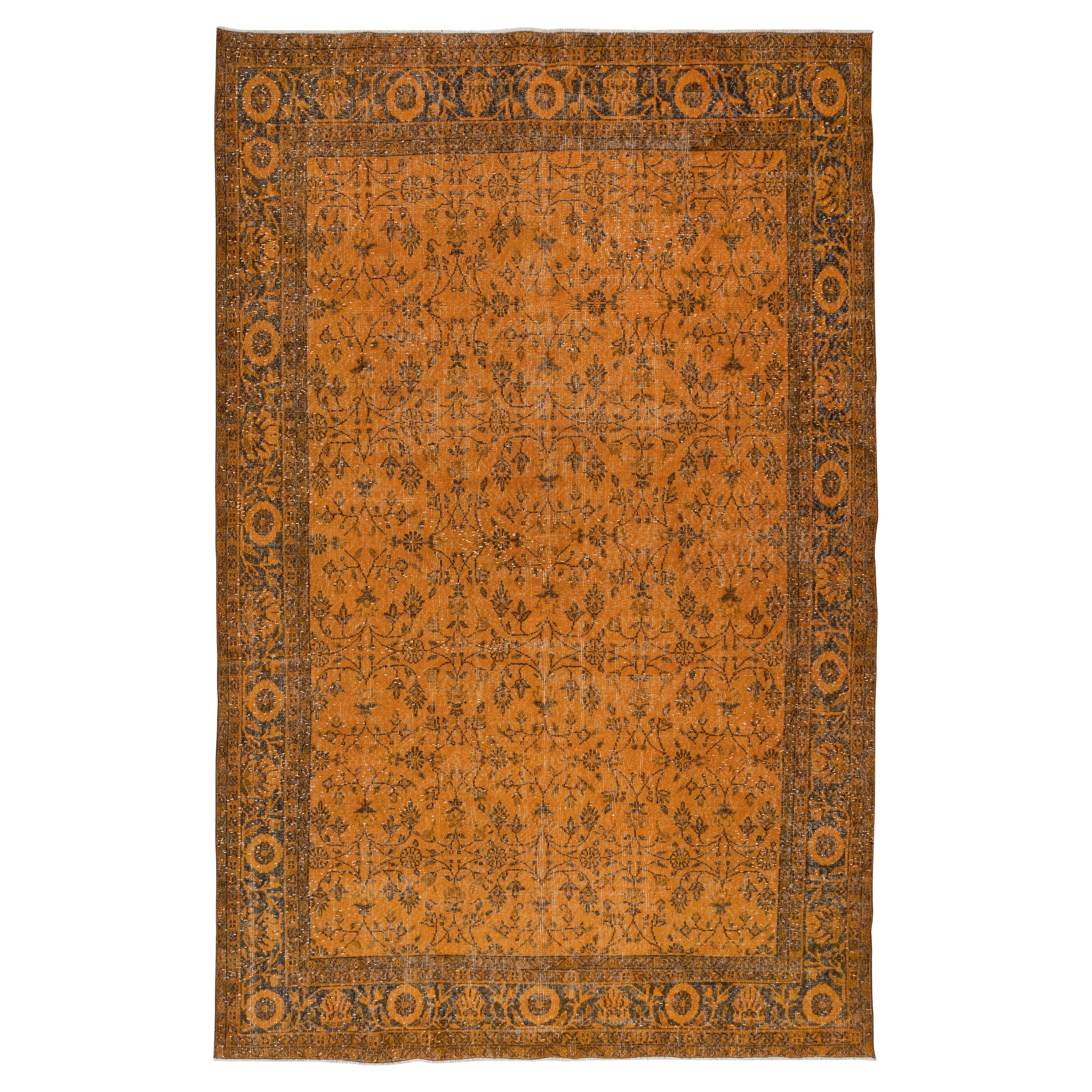 6.7x10.5 Ft Handmade Rug with All-Over Botanical Design, Orange Turkish Carpet