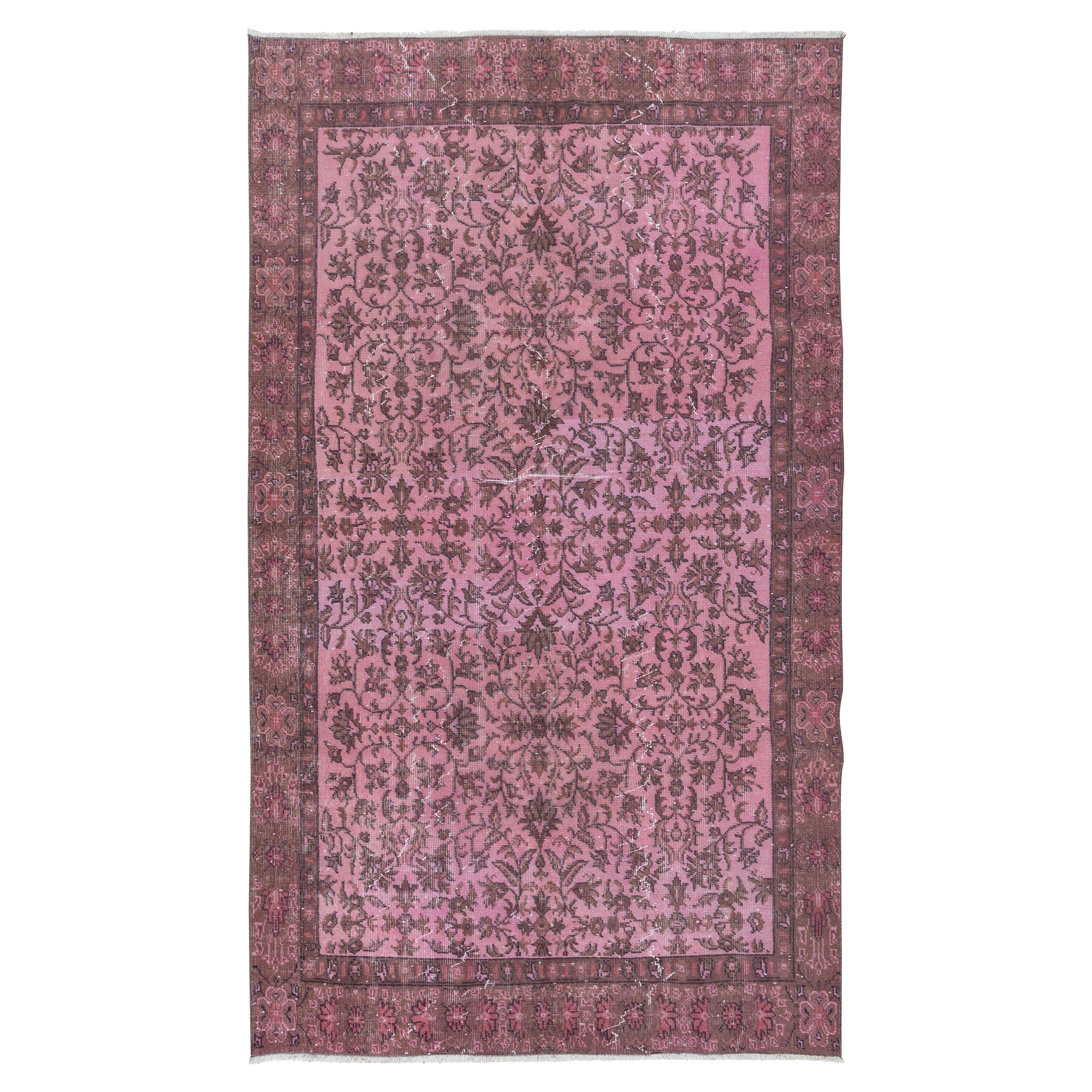 Moderner türkischer 5x8.6 Ft Rose Pink Teppich. Handgefertigter Teppich im Blumenmuster im Angebot