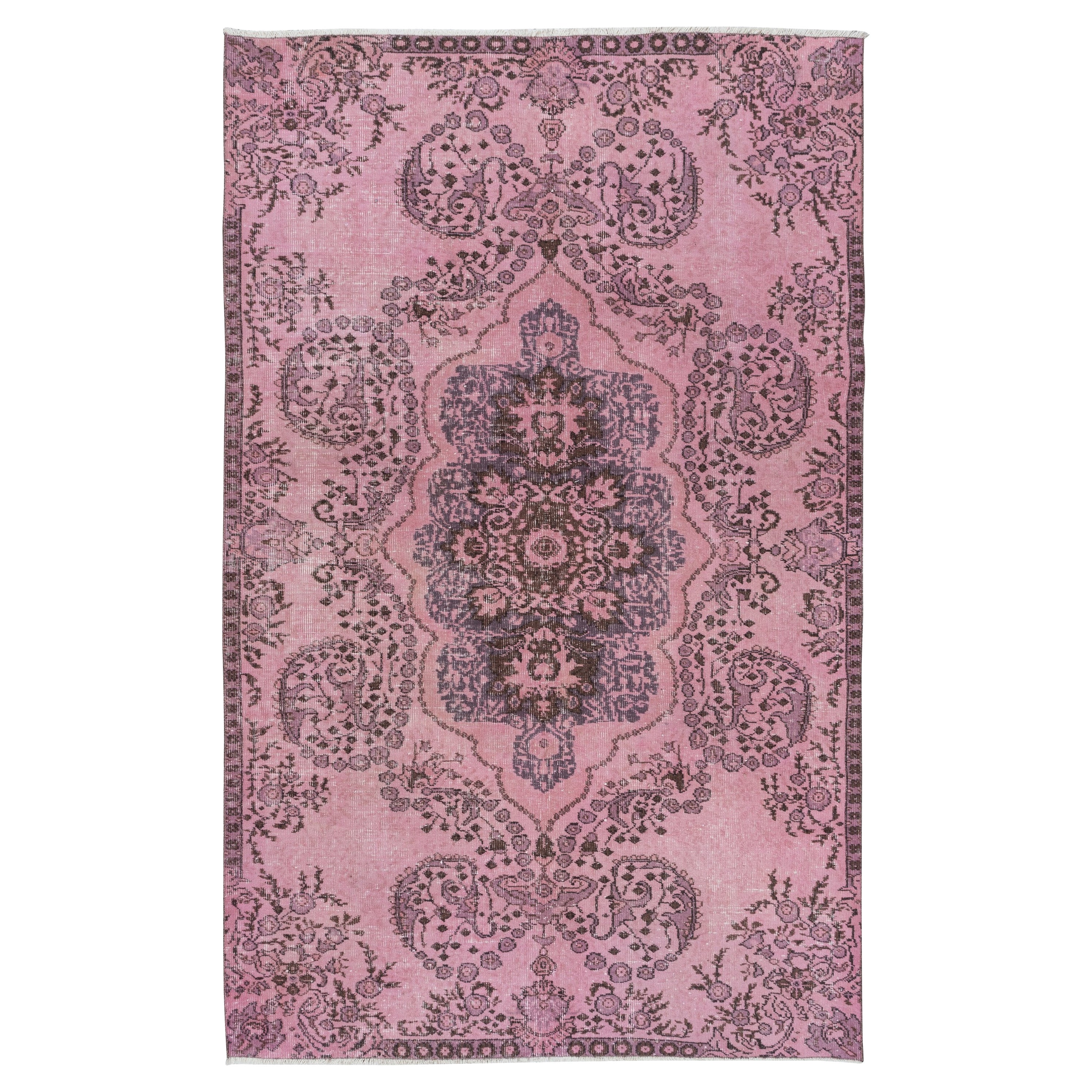 5.6x8.7 Ft Rustic Turkish Medallion Design Area Rug. Light Pink Handmade Carpet For Sale
