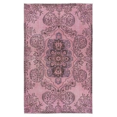 Vintage 5.6x8.7 Ft Rustic Turkish Medallion Design Area Rug. Light Pink Handmade Carpet