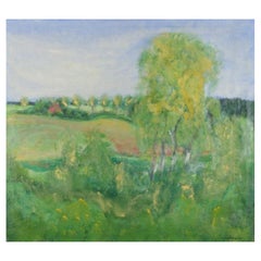 Jens Søndergaard, listed Danish painter. Modernist landscape. Oil on canvas.