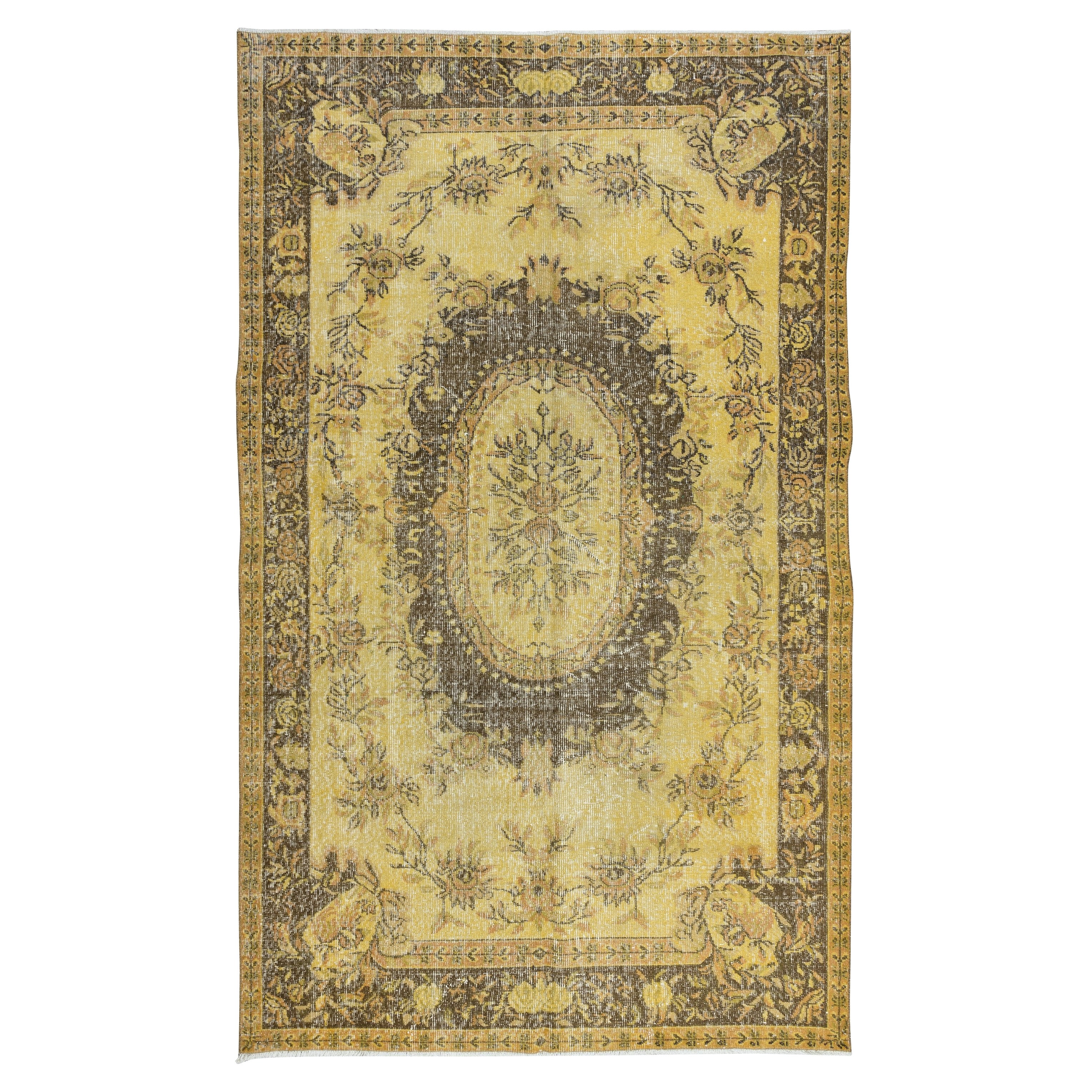 5.8x9.6 Ft Classic Aubusson Inspired Handmade Turkish Rug in Soft Yellow & Brown For Sale