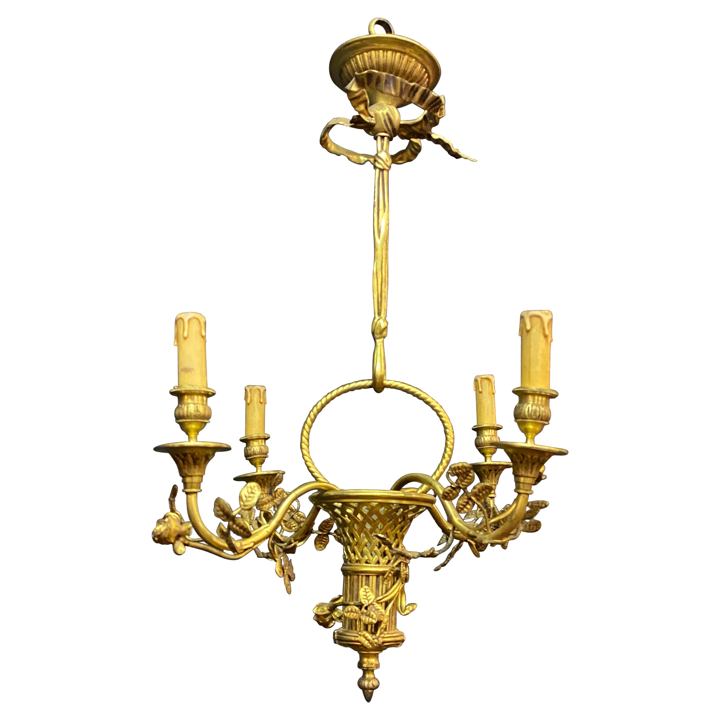 Louis XVI style bronze basket chandelier, circa 1950 For Sale