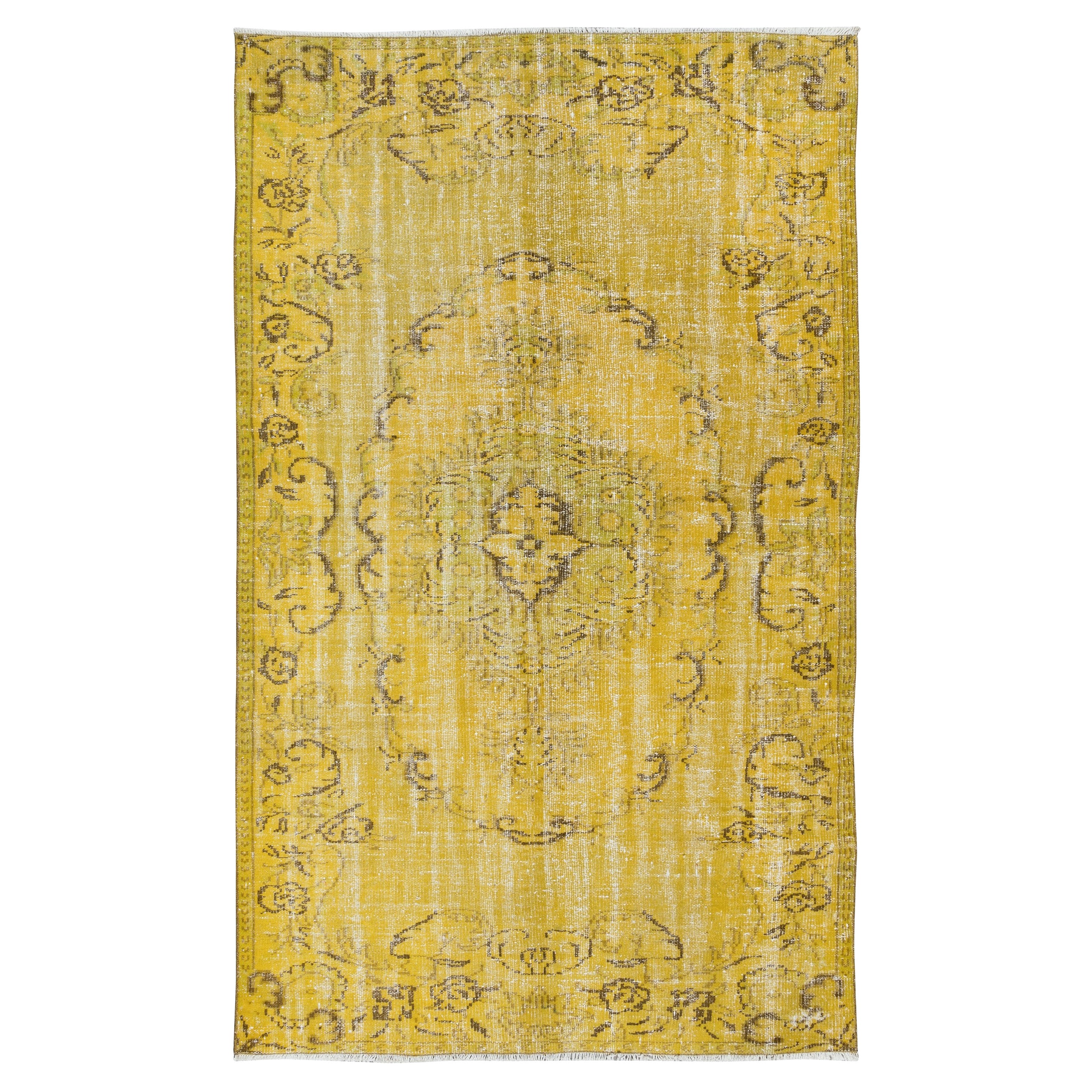 5.4x8.6 Ft Upcycled Handmade Turkish Area Rug, Yellow Over-Dyed Wool Carpet For Sale